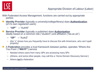 Appropriate Division of Labour (Labor) With Federated Access Management, functions are carried out by appropriate parties: Identity Provider  (typically a university/college/library) does  Authentication   (of it’s own registered users) “ IdP”   -- “AuthN” Service Provider  (typically a publisher) does  Authorization   ideally based on a common role (“student”) and affiliation (“lse.ac.uk”) “ SP”   -- “AuthZ” (the “z” shows how you frequently have to discuss this with Americans, who can’t spell properly) A  Federation  provides a trust framework between parties, operates ‘Where Are You From’ ( “WAYF” ) service Needed where users from many IdPs are accessing many SPs (Athens, and some other people, may call this a ‘Home Domain Discovery Service’)  Athens  isn’t  a federation 