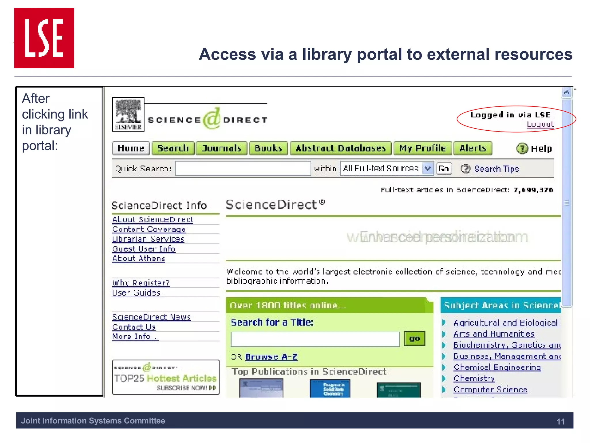 Access via a library portal to external resources After clicking link in library portal: 