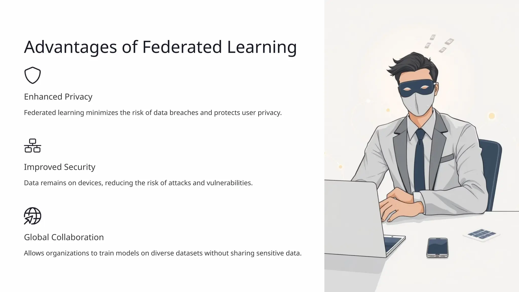 Advantages of Federated Learning
Enhanced Privacy
Federated learning minimizes the risk of data breaches and protects user privacy.
Improved Security
Data remains on devices, reducing the risk of attacks and vulnerabilities.
Global Collaboration
Allows organizations to train models on diverse datasets without sharing sensitive data.
 