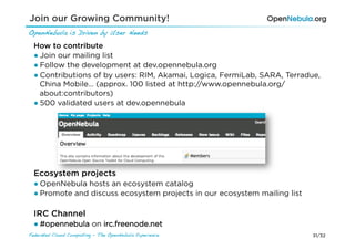 Join our Growing Community!
OpenNebula is Driven by User Needs !
  How to contribute
  ● Join our mailing list
  ● Follow the development at dev.opennebula.org
  ● Contributions of by users: RIM, Akamai, Logica, FermiLab, SARA, Terradue,
    China Mobile… (approx. 100 listed at http://www.opennebula.org/
    about:contributors)
  ● 500 validated users at dev.opennebula




  Ecosystem projects
  ● OpenNebula hosts an ecosystem catalog
  ● Promote and discuss ecosystem projects in our ecosystem mailing list

  IRC Channel
  ● #opennebula on irc.freenode.net
Federated Cloud Computing - The OpenNebula Experience!                     31/32
 