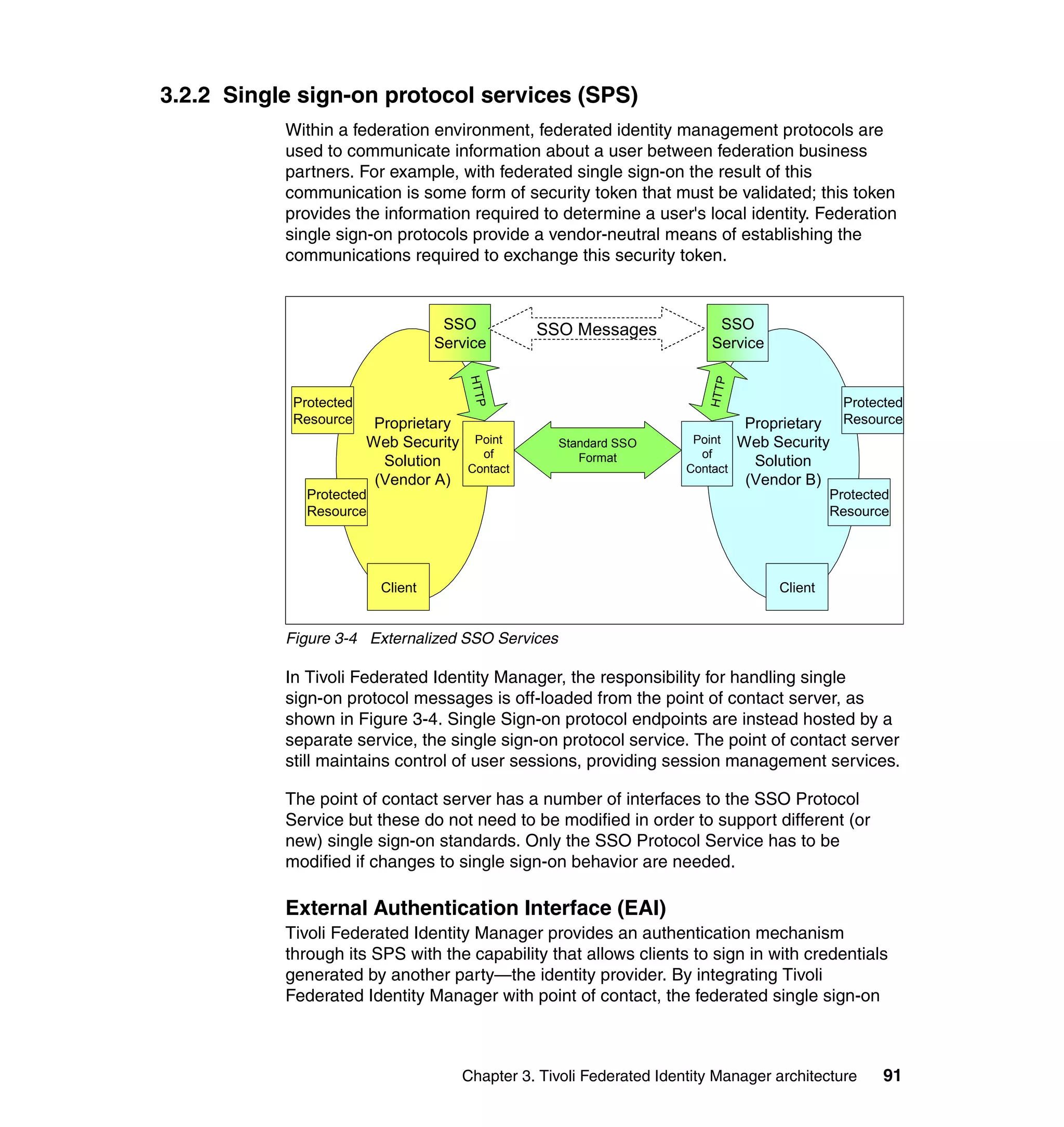 3.2.2 Single sign-on protocol services (SPS)
           Within a federation environment, federated identity management protocols are
           used to communicate information about a user between federation business
           partners. For example, with federated single sign-on the result of this
           communication is some form of security token that must be validated; this token
           provides the information required to determine a user's local identity. Federation
           single sign-on protocols provide a vendor-neutral means of establishing the
           communications required to exchange this security token.


                                    SSO          SSO Messages               SSO
                                   Service                                 Service




                                       HT T P




                                                                          HT T P
            Protected                                                                              Protected
            Resource     Proprietary                                                Proprietary Resource
                        Web Security    Point       Standard SSO        Point      Web Security
                                         of            Format            of
                          Solution     Contact                         Contact
                                                                                     Solution
                         (Vendor A)                                                 (Vendor B)
              Protected                                                                          Protected
              Resource                                                                           Resource




                          Client                                                        Client


           Figure 3-4 Externalized SSO Services

           In Tivoli Federated Identity Manager, the responsibility for handling single
           sign-on protocol messages is off-loaded from the point of contact server, as
           shown in Figure 3-4. Single Sign-on protocol endpoints are instead hosted by a
           separate service, the single sign-on protocol service. The point of contact server
           still maintains control of user sessions, providing session management services.

           The point of contact server has a number of interfaces to the SSO Protocol
           Service but these do not need to be modified in order to support different (or
           new) single sign-on standards. Only the SSO Protocol Service has to be
           modified if changes to single sign-on behavior are needed.

           External Authentication Interface (EAI)
           Tivoli Federated Identity Manager provides an authentication mechanism
           through its SPS with the capability that allows clients to sign in with credentials
           generated by another party—the identity provider. By integrating Tivoli
           Federated Identity Manager with point of contact, the federated single sign-on



                                       Chapter 3. Tivoli Federated Identity Manager architecture         91
 