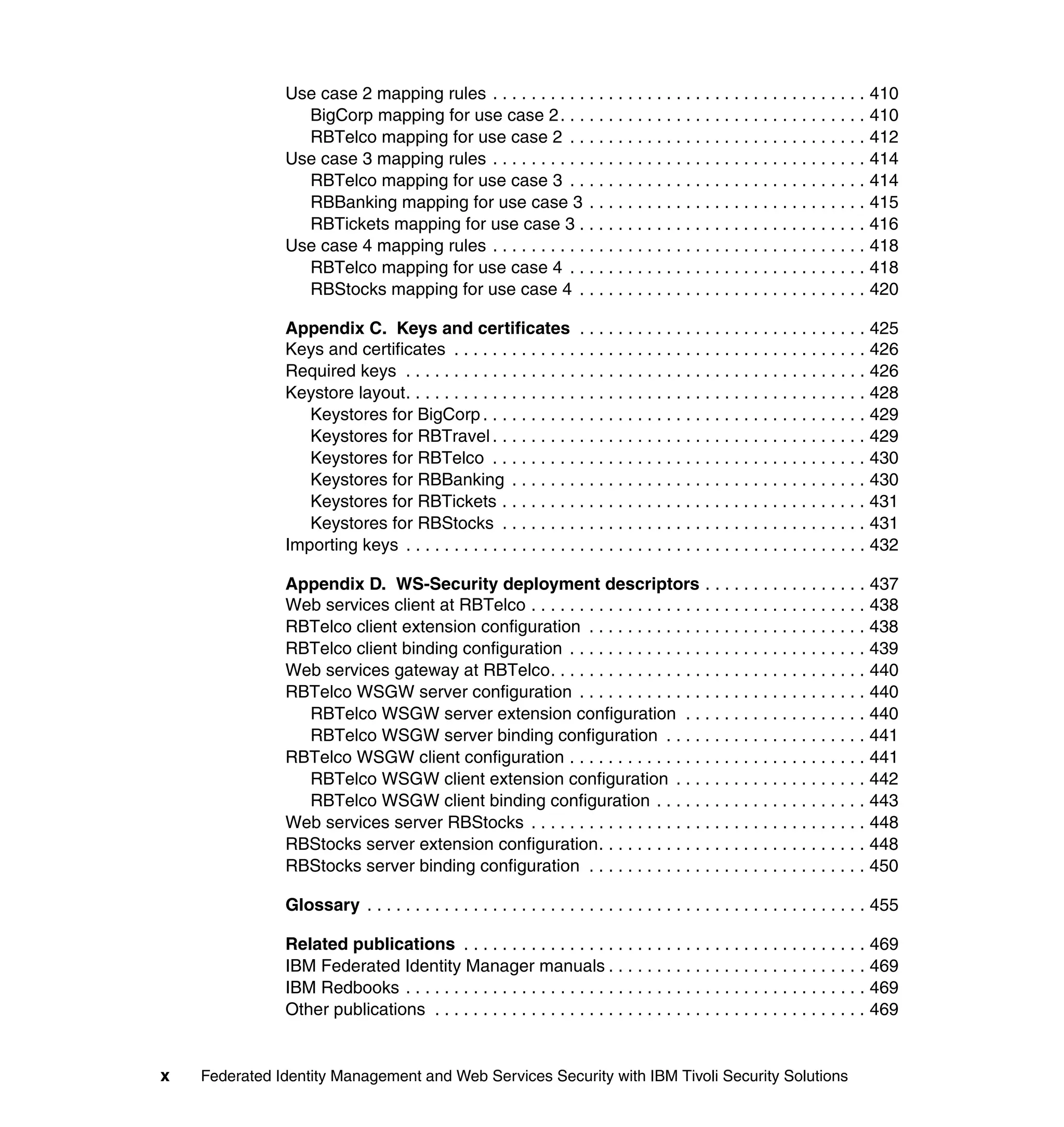 Use case 2 mapping rules . . . . . . . . . . . . . . . . . . . . . . . . . . . . . . . . . . . . . . . 410
                 BigCorp mapping for use case 2 . . . . . . . . . . . . . . . . . . . . . . . . . . . . . . . . 410
                 RBTelco mapping for use case 2 . . . . . . . . . . . . . . . . . . . . . . . . . . . . . . . 412
               Use case 3 mapping rules . . . . . . . . . . . . . . . . . . . . . . . . . . . . . . . . . . . . . . . 414
                 RBTelco mapping for use case 3 . . . . . . . . . . . . . . . . . . . . . . . . . . . . . . . 414
                 RBBanking mapping for use case 3 . . . . . . . . . . . . . . . . . . . . . . . . . . . . . 415
                 RBTickets mapping for use case 3 . . . . . . . . . . . . . . . . . . . . . . . . . . . . . . 416
               Use case 4 mapping rules . . . . . . . . . . . . . . . . . . . . . . . . . . . . . . . . . . . . . . . 418
                 RBTelco mapping for use case 4 . . . . . . . . . . . . . . . . . . . . . . . . . . . . . . . 418
                 RBStocks mapping for use case 4 . . . . . . . . . . . . . . . . . . . . . . . . . . . . . . 420

               Appendix C. Keys and certificates . . . . . . . . . . . . . . . . . . . . . . . . . . . . . . 425
               Keys and certificates . . . . . . . . . . . . . . . . . . . . . . . . . . . . . . . . . . . . . . . . . . . 426
               Required keys . . . . . . . . . . . . . . . . . . . . . . . . . . . . . . . . . . . . . . . . . . . . . . . . 426
               Keystore layout. . . . . . . . . . . . . . . . . . . . . . . . . . . . . . . . . . . . . . . . . . . . . . . . 428
                  Keystores for BigCorp . . . . . . . . . . . . . . . . . . . . . . . . . . . . . . . . . . . . . . . . 429
                  Keystores for RBTravel . . . . . . . . . . . . . . . . . . . . . . . . . . . . . . . . . . . . . . . 429
                  Keystores for RBTelco . . . . . . . . . . . . . . . . . . . . . . . . . . . . . . . . . . . . . . . 430
                  Keystores for RBBanking . . . . . . . . . . . . . . . . . . . . . . . . . . . . . . . . . . . . . 430
                  Keystores for RBTickets . . . . . . . . . . . . . . . . . . . . . . . . . . . . . . . . . . . . . . 431
                  Keystores for RBStocks . . . . . . . . . . . . . . . . . . . . . . . . . . . . . . . . . . . . . . 431
               Importing keys . . . . . . . . . . . . . . . . . . . . . . . . . . . . . . . . . . . . . . . . . . . . . . . . 432

               Appendix D. WS-Security deployment descriptors . . . . . . . . . . . . . . . . . 437
               Web services client at RBTelco . . . . . . . . . . . . . . . . . . . . . . . . . . . . . . . . . . . 438
               RBTelco client extension configuration . . . . . . . . . . . . . . . . . . . . . . . . . . . . . 438
               RBTelco client binding configuration . . . . . . . . . . . . . . . . . . . . . . . . . . . . . . . 439
               Web services gateway at RBTelco. . . . . . . . . . . . . . . . . . . . . . . . . . . . . . . . . 440
               RBTelco WSGW server configuration . . . . . . . . . . . . . . . . . . . . . . . . . . . . . . 440
                 RBTelco WSGW server extension configuration . . . . . . . . . . . . . . . . . . . 440
                 RBTelco WSGW server binding configuration . . . . . . . . . . . . . . . . . . . . . 441
               RBTelco WSGW client configuration . . . . . . . . . . . . . . . . . . . . . . . . . . . . . . . 441
                 RBTelco WSGW client extension configuration . . . . . . . . . . . . . . . . . . . . 442
                 RBTelco WSGW client binding configuration . . . . . . . . . . . . . . . . . . . . . . 443
               Web services server RBStocks . . . . . . . . . . . . . . . . . . . . . . . . . . . . . . . . . . . 448
               RBStocks server extension configuration. . . . . . . . . . . . . . . . . . . . . . . . . . . . 448
               RBStocks server binding configuration . . . . . . . . . . . . . . . . . . . . . . . . . . . . . 450

               Glossary . . . . . . . . . . . . . . . . . . . . . . . . . . . . . . . . . . . . . . . . . . . . . . . . . . . . 455

               Related publications . . . . . . . . . . . . . . . . . . . . . . . . . . . . . . . . . . . . . . . . . . 469
               IBM Federated Identity Manager manuals . . . . . . . . . . . . . . . . . . . . . . . . . . . 469
               IBM Redbooks . . . . . . . . . . . . . . . . . . . . . . . . . . . . . . . . . . . . . . . . . . . . . . . . 469
               Other publications . . . . . . . . . . . . . . . . . . . . . . . . . . . . . . . . . . . . . . . . . . . . . 469


x   Federated Identity Management and Web Services Security with IBM Tivoli Security Solutions
 