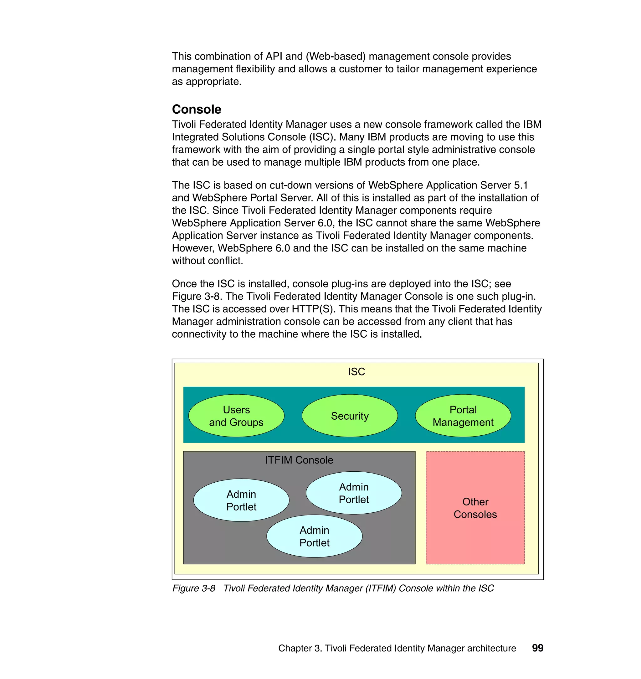 This combination of API and (Web-based) management console provides
management flexibility and allows a customer to tailor management experience
as appropriate.

Console
Tivoli Federated Identity Manager uses a new console framework called the IBM
Integrated Solutions Console (ISC). Many IBM products are moving to use this
framework with the aim of providing a single portal style administrative console
that can be used to manage multiple IBM products from one place.

The ISC is based on cut-down versions of WebSphere Application Server 5.1
and WebSphere Portal Server. All of this is installed as part of the installation of
the ISC. Since Tivoli Federated Identity Manager components require
WebSphere Application Server 6.0, the ISC cannot share the same WebSphere
Application Server instance as Tivoli Federated Identity Manager components.
However, WebSphere 6.0 and the ISC can be installed on the same machine
without conflict.

Once the ISC is installed, console plug-ins are deployed into the ISC; see
Figure 3-8. The Tivoli Federated Identity Manager Console is one such plug-in.
The ISC is accessed over HTTP(S). This means that the Tivoli Federated Identity
Manager administration console can be accessed from any client that has
connectivity to the machine where the ISC is installed.


                                          ISC


          Users                                               Portal
                                       Security
        and Groups                                          Management


                      ITFIM Console

                                        Admin
            Admin
                                        Portlet                   Other
            Portlet
                                                                 Consoles
                             Admin
                             Portlet



Figure 3-8 Tivoli Federated Identity Manager (ITFIM) Console within the ISC




                        Chapter 3. Tivoli Federated Identity Manager architecture   99
 