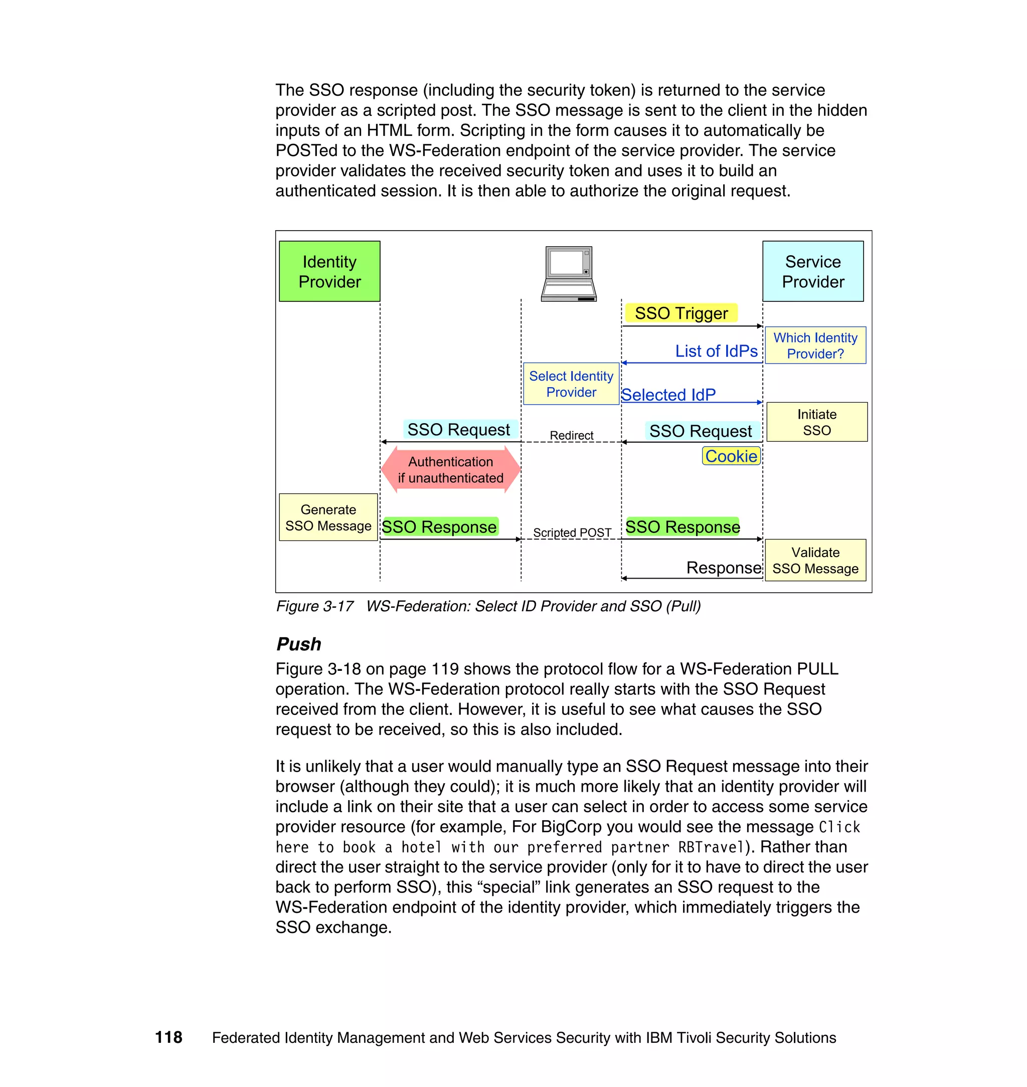 The SSO response (including the security token) is returned to the service
               provider as a scripted post. The SSO message is sent to the client in the hidden
               inputs of an HTML form. Scripting in the form causes it to automatically be
               POSTed to the WS-Federation endpoint of the service provider. The service
               provider validates the received security token and uses it to build an
               authenticated session. It is then able to authorize the original request.



                  Identity                                                                    Service
                  Provider                                                                    Provider
                                                                         SSO Trigger
                                                                                             Which Identity
                                                                              List of IdPs    Provider?
                                                      Select Identity
                                                        Provider        Selected IdP
                                                                                                Initiate
                                  SSO Request            Redirect          SSO Request           SSO

                                    Authentication                              Cookie
                                 if unauthenticated

                  Generate
                SSO Message   SSO Response            Scripted POST     SSO Response
                                                                                               Validate
                                                                                Response     SSO Message

               Figure 3-17 WS-Federation: Select ID Provider and SSO (Pull)

               Push
               Figure 3-18 on page 119 shows the protocol flow for a WS-Federation PULL
               operation. The WS-Federation protocol really starts with the SSO Request
               received from the client. However, it is useful to see what causes the SSO
               request to be received, so this is also included.

               It is unlikely that a user would manually type an SSO Request message into their
               browser (although they could); it is much more likely that an identity provider will
               include a link on their site that a user can select in order to access some service
               provider resource (for example, For BigCorp you would see the message Click
               here to book a hotel with our preferred partner RBTravel). Rather than
               direct the user straight to the service provider (only for it to have to direct the user
               back to perform SSO), this “special” link generates an SSO request to the
               WS-Federation endpoint of the identity provider, which immediately triggers the
               SSO exchange.




118   Federated Identity Management and Web Services Security with IBM Tivoli Security Solutions
 