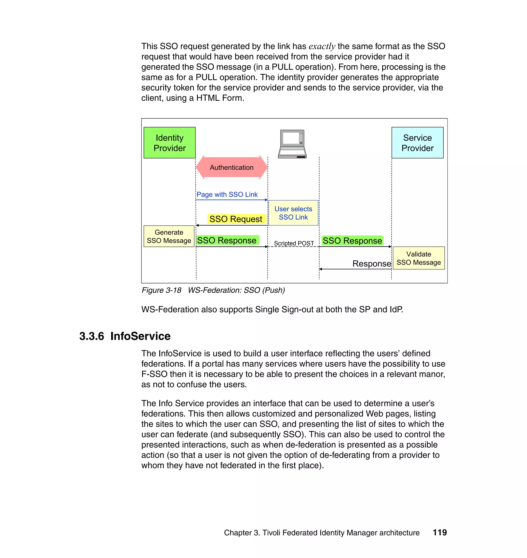 This SSO request generated by the link has exactly the same format as the SSO
           request that would have been received from the service provider had it
           generated the SSO message (in a PULL operation). From here, processing is the
           same as for a PULL operation. The identity provider generates the appropriate
           security token for the service provider and sends to the service provider, via the
           client, using a HTML Form.



              Identity                                                               Service
              Provider                                                               Provider

                             Authentication


                          Page with SSO Link

                                                User selects
                             SSO Request         SSO Link

              Generate
            SSO Message   SSO Response          Scripted POST   SSO Response
                                                                                      Validate
                                                                       Response     SSO Message



           Figure 3-18 WS-Federation: SSO (Push)

           WS-Federation also supports Single Sign-out at both the SP and IdP.


3.3.6 InfoService
           The InfoService is used to build a user interface reflecting the users’ defined
           federations. If a portal has many services where users have the possibility to use
           F-SSO then it is necessary to be able to present the choices in a relevant manor,
           as not to confuse the users.

           The Info Service provides an interface that can be used to determine a user’s
           federations. This then allows customized and personalized Web pages, listing
           the sites to which the user can SSO, and presenting the list of sites to which the
           user can federate (and subsequently SSO). This can also be used to control the
           presented interactions, such as when de-federation is presented as a possible
           action (so that a user is not given the option of de-federating from a provider to
           whom they have not federated in the first place).




                                  Chapter 3. Tivoli Federated Identity Manager architecture   119
 