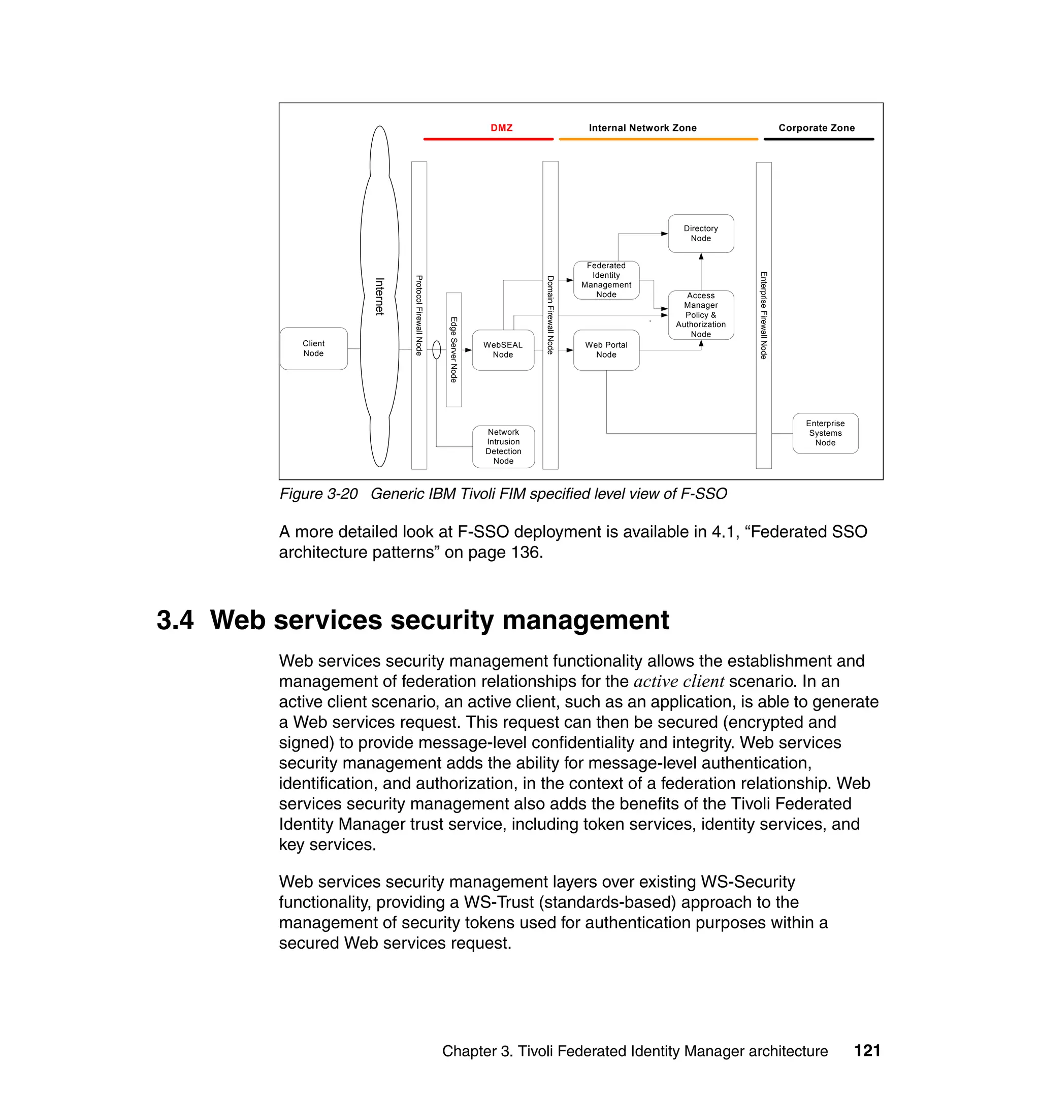 DMZ                                Internal Network Zone                                      Corporate Zone




                                                                                                                                   Directory
                                                                                                                                    Node


                                                                                                                 Federated
                                                                                                                  Identity




                                                                                                                                                 Enterprise Firewall Node
                                Protocol Firewall Node




                                                                                         Domain Firewall Node
                     Internet
                                                                                                                Management
                                                                                                                   Node            Access
                                                                                                                                   Manager
                                                                                                                             .     Policy &




                                                          Edge Server Node
                                                                                                                                 Authorization
                                                                                                                                    Node
           Client                                                            WebSEAL                            Web Portal
           Node                                                               Node                                Node




                                                                                                                                                                                 Enterprise
                                                                             Network                                                                                              Systems
                                                                             Intrusion                                                                                             Node
                                                                             Detection
                                                                               Node



        Figure 3-20 Generic IBM Tivoli FIM specified level view of F-SSO

        A more detailed look at F-SSO deployment is available in 4.1, “Federated SSO
        architecture patterns” on page 136.



3.4 Web services security management
        Web services security management functionality allows the establishment and
        management of federation relationships for the active client scenario. In an
        active client scenario, an active client, such as an application, is able to generate
        a Web services request. This request can then be secured (encrypted and
        signed) to provide message-level confidentiality and integrity. Web services
        security management adds the ability for message-level authentication,
        identification, and authorization, in the context of a federation relationship. Web
        services security management also adds the benefits of the Tivoli Federated
        Identity Manager trust service, including token services, identity services, and
        key services.

        Web services security management layers over existing WS-Security
        functionality, providing a WS-Trust (standards-based) approach to the
        management of security tokens used for authentication purposes within a
        secured Web services request.




                                                         Chapter 3. Tivoli Federated Identity Manager architecture                                                                            121
 