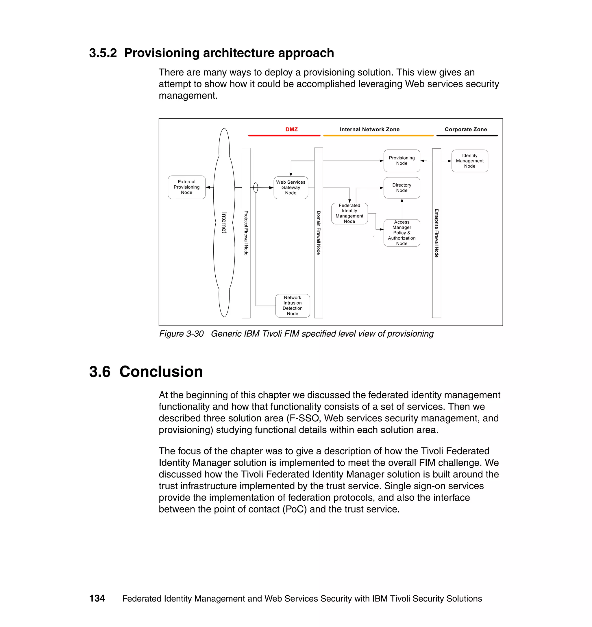 3.5.2 Provisioning architecture approach
               There are many ways to deploy a provisioning solution. This view gives an
               attempt to show how it could be accomplished leveraging Web services security
               management.


                                                                        DMZ                                 Internal Network Zone                                      Corporate Zone



                                                                                                                                                                            Identity
                                                                                                                             Provisioning
                                                                                                                                                                          Management
                                                                                                                                Node
                                                                                                                                                                             Node


                    External                                         Web Services
                  Provisioning                                                                                                Directory
                                                                      Gateway
                     Node                                                                                                      Node
                                                                        Node

                                                                                                            Federated
                                                                                                             Identity




                                                                                                                                            Enterprise Firewall Node
                                            Protocol Firewall Node




                                                                                    Domain Firewall Node
                                 Internet
                                                                                                           Management
                                                                                                              Node            Access
                                                                                                                             Manager
                                                                                                                        .     Policy &
                                                                                                                            Authorization
                                                                                                                               Node




                                                                       Network
                                                                       Intrusion
                                                                       Detection
                                                                         Node



               Figure 3-30 Generic IBM Tivoli FIM specified level view of provisioning



3.6 Conclusion
               At the beginning of this chapter we discussed the federated identity management
               functionality and how that functionality consists of a set of services. Then we
               described three solution area (F-SSO, Web services security management, and
               provisioning) studying functional details within each solution area.

               The focus of the chapter was to give a description of how the Tivoli Federated
               Identity Manager solution is implemented to meet the overall FIM challenge. We
               discussed how the Tivoli Federated Identity Manager solution is built around the
               trust infrastructure implemented by the trust service. Single sign-on services
               provide the implementation of federation protocols, and also the interface
               between the point of contact (PoC) and the trust service.




134   Federated Identity Management and Web Services Security with IBM Tivoli Security Solutions
 