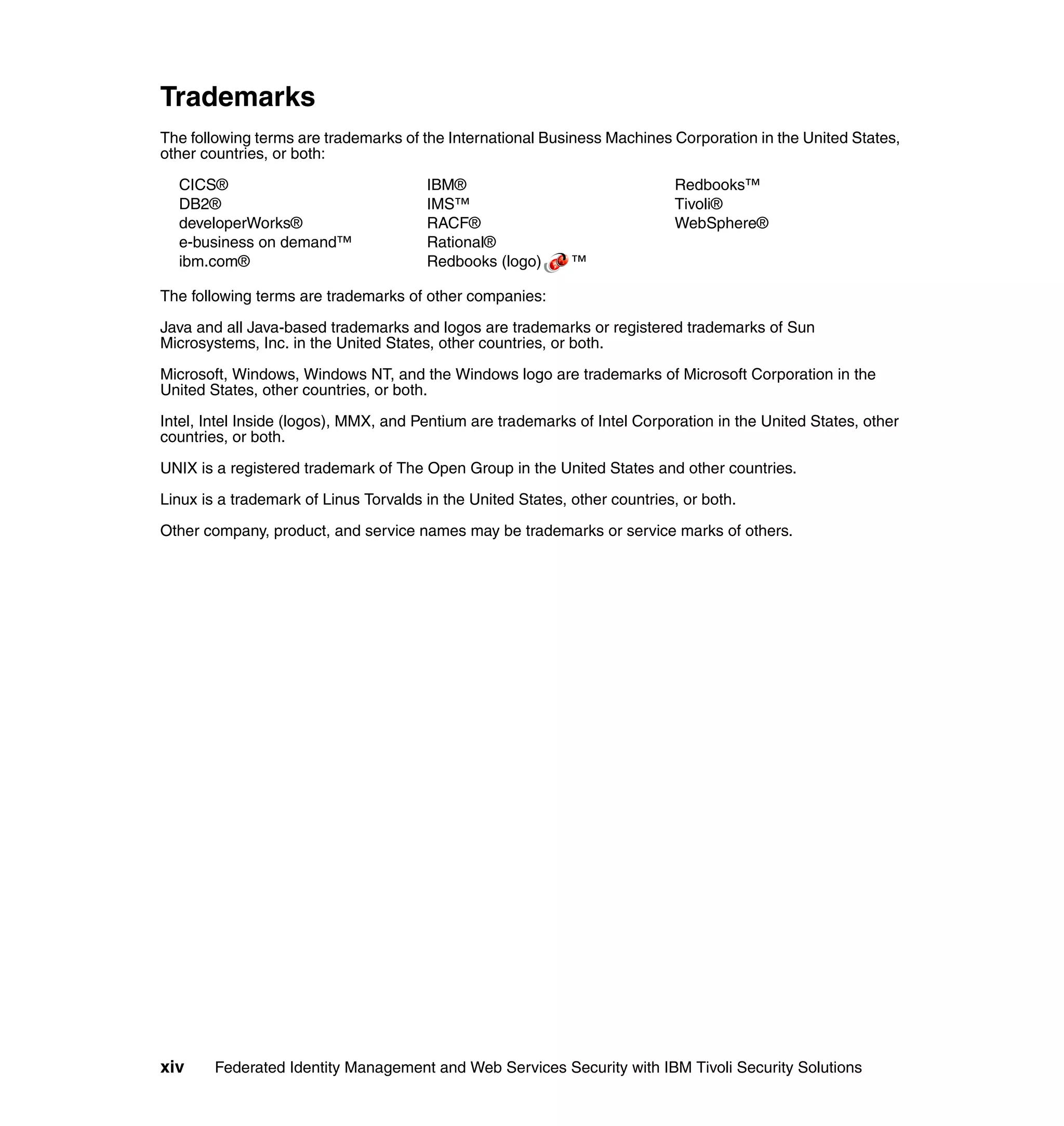 Trademarks
The following terms are trademarks of the International Business Machines Corporation in the United States,
other countries, or both:

  CICS®                                IBM®                                 Redbooks™
  DB2®                                 IMS™                                 Tivoli®
  developerWorks®                      RACF®                                WebSphere®
  e-business on demand™                Rational®
  ibm.com®                             Redbooks (logo)       ™

The following terms are trademarks of other companies:

Java and all Java-based trademarks and logos are trademarks or registered trademarks of Sun
Microsystems, Inc. in the United States, other countries, or both.

Microsoft, Windows, Windows NT, and the Windows logo are trademarks of Microsoft Corporation in the
United States, other countries, or both.

Intel, Intel Inside (logos), MMX, and Pentium are trademarks of Intel Corporation in the United States, other
countries, or both.

UNIX is a registered trademark of The Open Group in the United States and other countries.

Linux is a trademark of Linus Torvalds in the United States, other countries, or both.

Other company, product, and service names may be trademarks or service marks of others.




xiv     Federated Identity Management and Web Services Security with IBM Tivoli Security Solutions
 