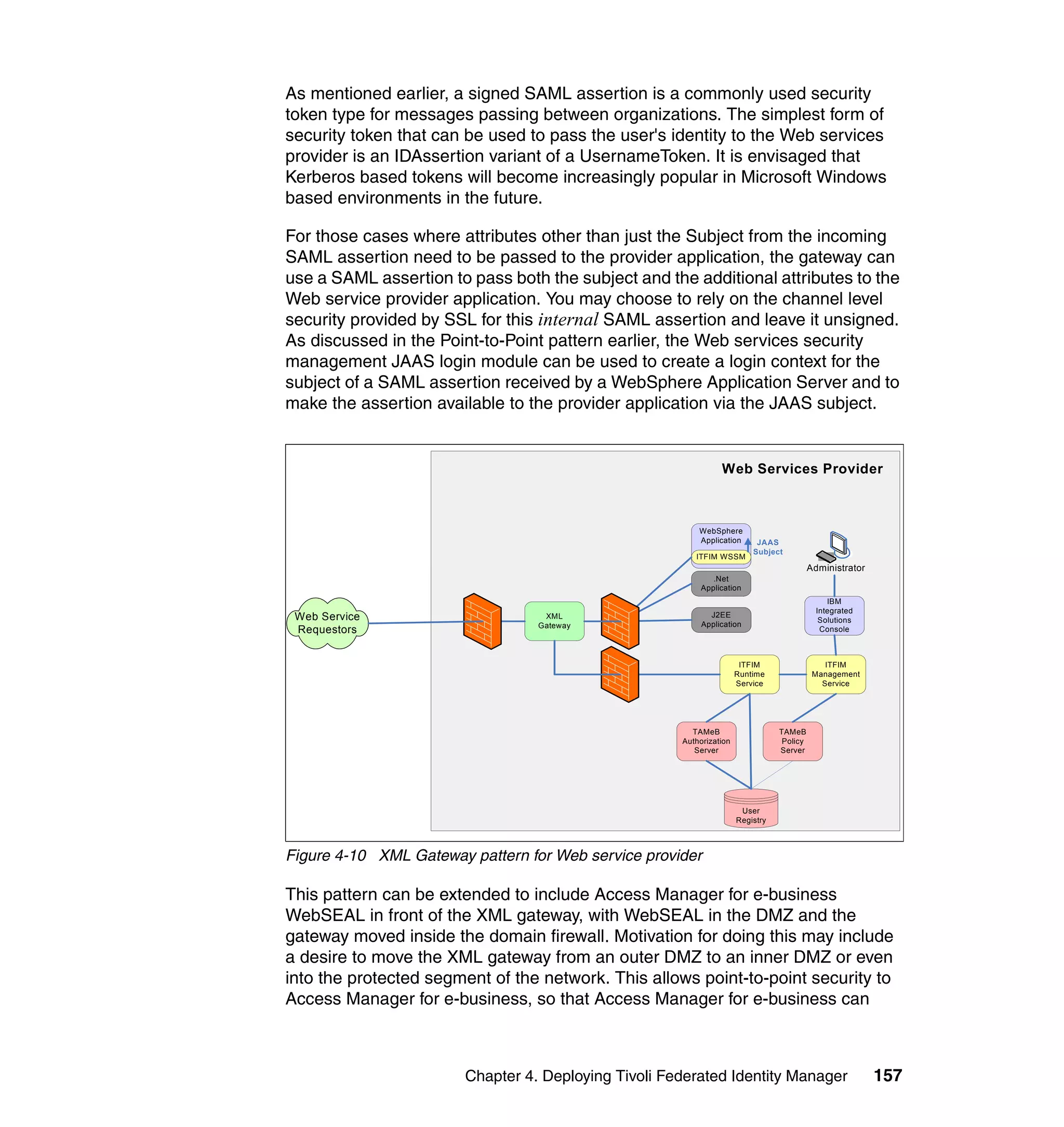 As mentioned earlier, a signed SAML assertion is a commonly used security
token type for messages passing between organizations. The simplest form of
security token that can be used to pass the user's identity to the Web services
provider is an IDAssertion variant of a UsernameToken. It is envisaged that
Kerberos based tokens will become increasingly popular in Microsoft Windows
based environments in the future.

For those cases where attributes other than just the Subject from the incoming
SAML assertion need to be passed to the provider application, the gateway can
use a SAML assertion to pass both the subject and the additional attributes to the
Web service provider application. You may choose to rely on the channel level
security provided by SSL for this internal SAML assertion and leave it unsigned.
As discussed in the Point-to-Point pattern earlier, the Web services security
management JAAS login module can be used to create a login context for the
subject of a SAML assertion received by a WebSphere Application Server and to
make the assertion available to the provider application via the JAAS subject.


                                                                Web Services Provider



                                                          WebSphere
                                                          Application      JAAS
                                                                          Subject
                                                         ITFIM WSSM
                                                                                           Administrator
                                                              .Net
                                                           Application
                                                                                                IBM
                                                                                             Integrated
 Web Service                       XML                       J2EE
                                                                                              Solutions
                                  Gateway                  Application
 Requestors                                                                                   Console



                                                                       ITFIM                   ITFIM
                                                                      Runtime               Management
                                                                      Service                 Service




                                                        TAMeB                    TAMeB
                                                      Authorization               Policy
                                                         Server                  Server




                                                                       User
                                                                      Registry



Figure 4-10 XML Gateway pattern for Web service provider

This pattern can be extended to include Access Manager for e-business
WebSEAL in front of the XML gateway, with WebSEAL in the DMZ and the
gateway moved inside the domain firewall. Motivation for doing this may include
a desire to move the XML gateway from an outer DMZ to an inner DMZ or even
into the protected segment of the network. This allows point-to-point security to
Access Manager for e-business, so that Access Manager for e-business can



                        Chapter 4. Deploying Tivoli Federated Identity Manager                             157
 