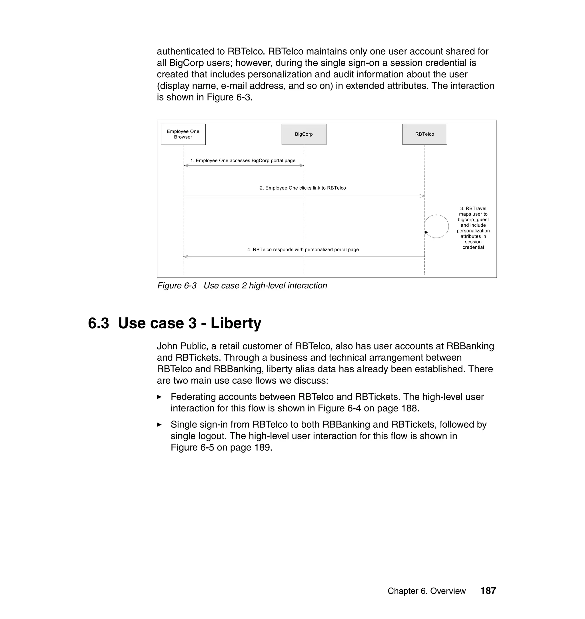 authenticated to RBTelco. RBTelco maintains only one user account shared for
         all BigCorp users; however, during the single sign-on a session credential is
         created that includes personalization and audit information about the user
         (display name, e-mail address, and so on) in extended attributes. The interaction
         is shown in Figure 6-3.


           Employee One
                                                               BigCorp                              RBTelco
             Browser




                   1. Employee One accesses BigCorp portal page




                                                2. Employee One clicks link to RBTelco



                                                                                                               3. RBTravel
                                                                                                               maps user to
                                                                                                              bigcorp_guest
                                                                                                               and include
                                                                                                              personalization
                                                                                                               attributes in
                                                                                                                 session
                                          4. RBTelco responds with personalized portal page                     credential




         Figure 6-3 Use case 2 high-level interaction



6.3 Use case 3 - Liberty
         John Public, a retail customer of RBTelco, also has user accounts at RBBanking
         and RBTickets. Through a business and technical arrangement between
         RBTelco and RBBanking, liberty alias data has already been established. There
         are two main use case flows we discuss:
            Federating accounts between RBTelco and RBTickets. The high-level user
            interaction for this flow is shown in Figure 6-4 on page 188.
            Single sign-in from RBTelco to both RBBanking and RBTickets, followed by
            single logout. The high-level user interaction for this flow is shown in
            Figure 6-5 on page 189.




                                                                                              Chapter 6. Overview       187
 