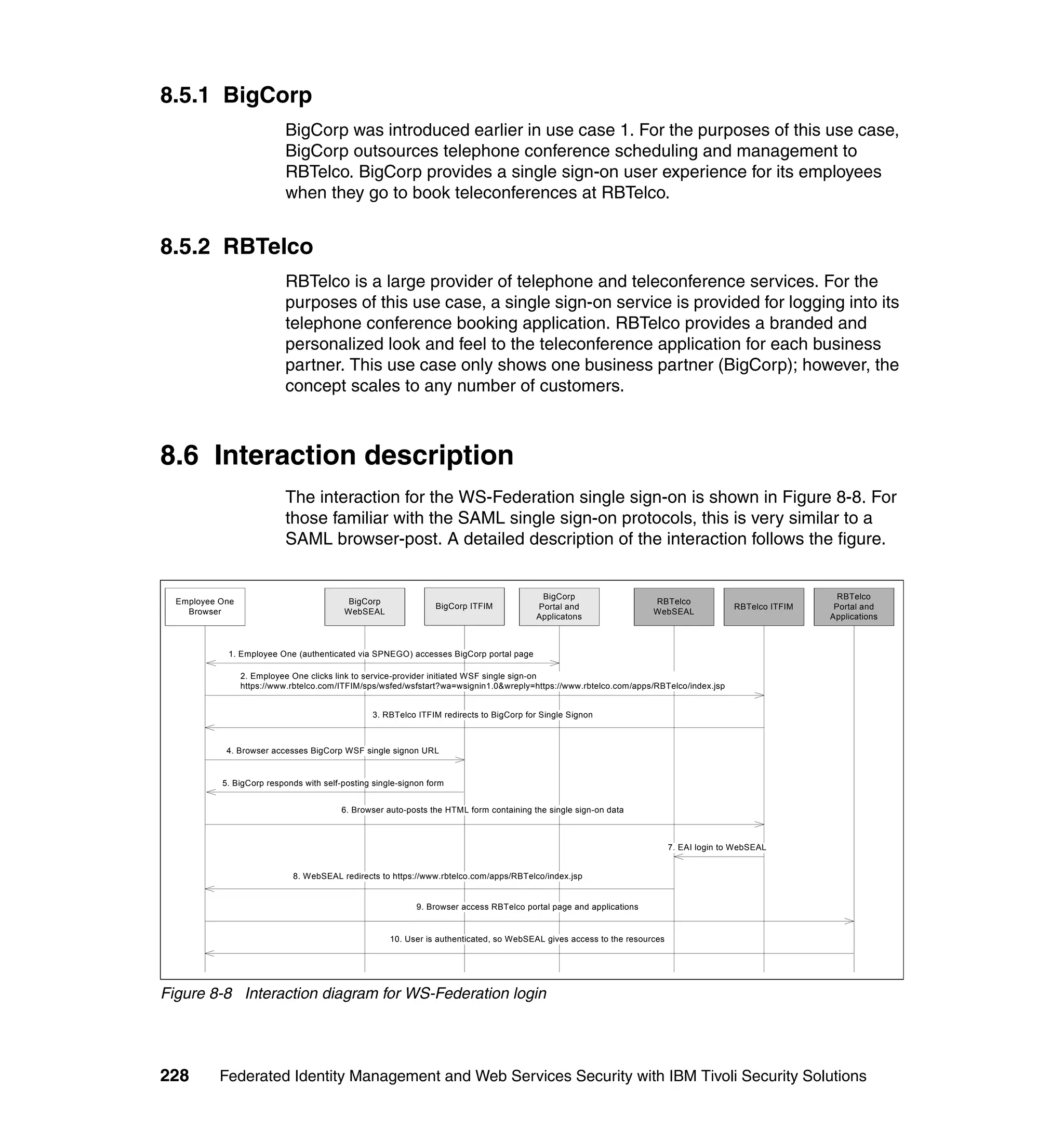 8.5.1 BigCorp
                           BigCorp was introduced earlier in use case 1. For the purposes of this use case,
                           BigCorp outsources telephone conference scheduling and management to
                           RBTelco. BigCorp provides a single sign-on user experience for its employees
                           when they go to book teleconferences at RBTelco.


8.5.2 RBTelco
                           RBTelco is a large provider of telephone and teleconference services. For the
                           purposes of this use case, a single sign-on service is provided for logging into its
                           telephone conference booking application. RBTelco provides a branded and
                           personalized look and feel to the teleconference application for each business
                           partner. This use case only shows one business partner (BigCorp); however, the
                           concept scales to any number of customers.



8.6 Interaction description
                           The interaction for the WS-Federation single sign-on is shown in Figure 8-8. For
                           those familiar with the SAML single sign-on protocols, this is very similar to a
                           SAML browser-post. A detailed description of the interaction follows the figure.


                                                                                          BigCorp                                                           RBTelco
  Employee One                            BigCorp                                                                    RBTelco
                                                                BigCorp ITFIM            Portal and                                       RBTelco ITFIM    Portal and
    Browser                              WebSEAL                                                                     WebSEAL
                                                                                         Applicatons                                                      Applications



            1. Employee One (authenticated via SPNEGO) accesses BigCorp portal page

                 2. Employee One clicks link to service-provider initiated WSF single sign-on
                 https://www.rbtelco.com/ITFIM/sps/wsfed/wsfstart?wa=wsignin1.0&wreply=https://www.rbtelco.com/apps/RBTelco/index.jsp


                                                3. RBTelco ITFIM redirects to BigCorp for Single Signon



            4. Browser accesses BigCorp WSF single signon URL


           5. BigCorp responds with self-posting single-signon form


                                         6. Browser auto-posts the HTML form containing the single sign-on data



                                                                                                                           7. EAI login to WebSEAL


                             8. WebSEAL redirects to https://www.rbtelco.com/apps/RBTelco/index.jsp


                                                            9. Browser access RBTelco portal page and applications


                                                     10. User is authenticated, so WebSEAL gives access to the resources




Figure 8-8 Interaction diagram for WS-Federation login




228        Federated Identity Management and Web Services Security with IBM Tivoli Security Solutions
 