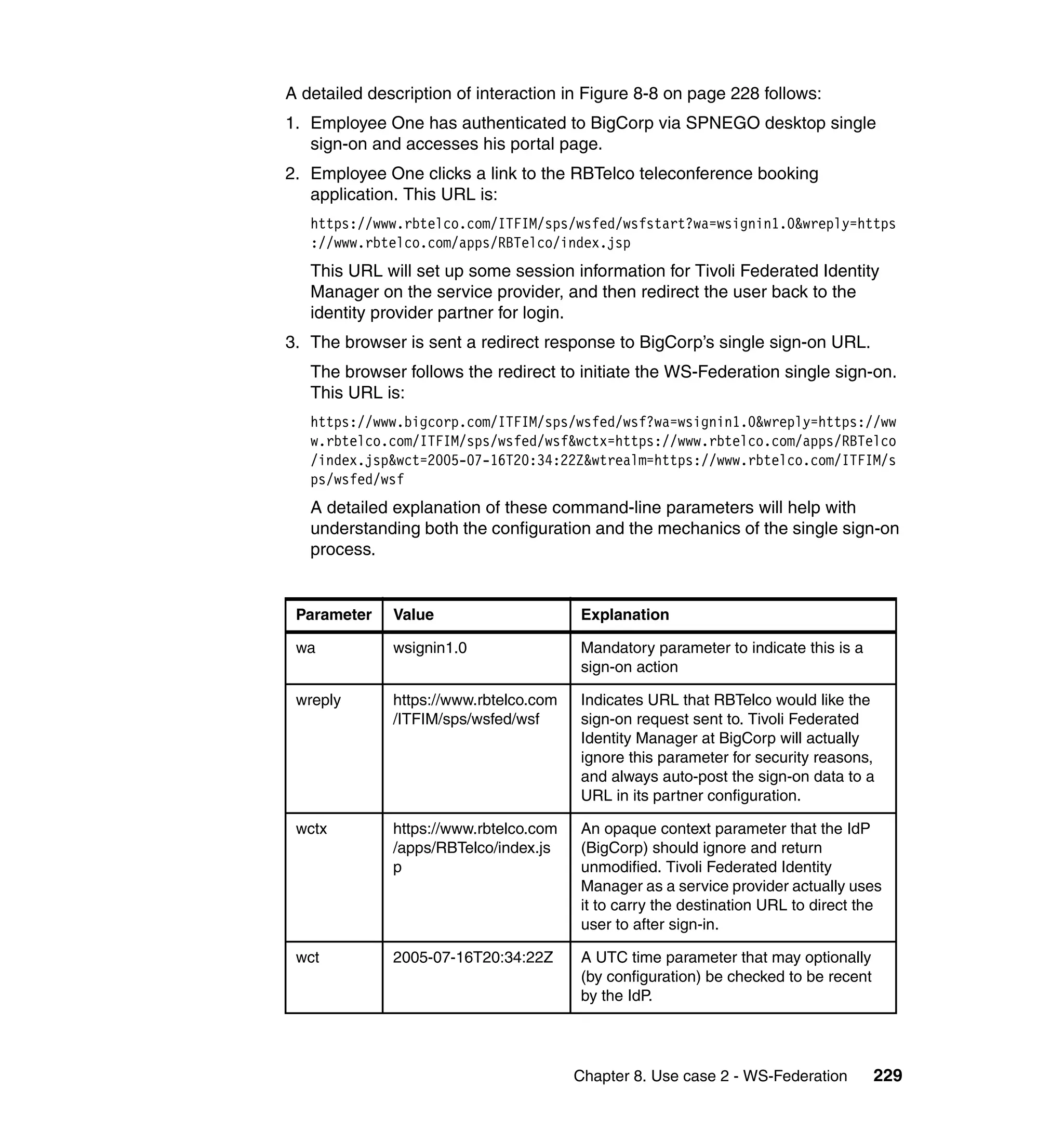 A detailed description of interaction in Figure 8-8 on page 228 follows:
1. Employee One has authenticated to BigCorp via SPNEGO desktop single
   sign-on and accesses his portal page.
2. Employee One clicks a link to the RBTelco teleconference booking
   application. This URL is:
   https://www.rbtelco.com/ITFIM/sps/wsfed/wsfstart?wa=wsignin1.0&wreply=https
   ://www.rbtelco.com/apps/RBTelco/index.jsp
   This URL will set up some session information for Tivoli Federated Identity
   Manager on the service provider, and then redirect the user back to the
   identity provider partner for login.
3. The browser is sent a redirect response to BigCorp’s single sign-on URL.
   The browser follows the redirect to initiate the WS-Federation single sign-on.
   This URL is:
   https://www.bigcorp.com/ITFIM/sps/wsfed/wsf?wa=wsignin1.0&wreply=https://ww
   w.rbtelco.com/ITFIM/sps/wsfed/wsf&wctx=https://www.rbtelco.com/apps/RBTelco
   /index.jsp&wct=2005-07-16T20:34:22Z&wtrealm=https://www.rbtelco.com/ITFIM/s
   ps/wsfed/wsf
   A detailed explanation of these command-line parameters will help with
   understanding both the configuration and the mechanics of the single sign-on
   process.


 Parameter    Value                     Explanation

 wa           wsignin1.0                Mandatory parameter to indicate this is a
                                        sign-on action

 wreply       https://www.rbtelco.com   Indicates URL that RBTelco would like the
              /ITFIM/sps/wsfed/wsf      sign-on request sent to. Tivoli Federated
                                        Identity Manager at BigCorp will actually
                                        ignore this parameter for security reasons,
                                        and always auto-post the sign-on data to a
                                        URL in its partner configuration.

 wctx         https://www.rbtelco.com   An opaque context parameter that the IdP
              /apps/RBTelco/index.js    (BigCorp) should ignore and return
              p                         unmodified. Tivoli Federated Identity
                                        Manager as a service provider actually uses
                                        it to carry the destination URL to direct the
                                        user to after sign-in.

 wct          2005-07-16T20:34:22Z      A UTC time parameter that may optionally
                                        (by configuration) be checked to be recent
                                        by the IdP.




                                        Chapter 8. Use case 2 - WS-Federation        229
 