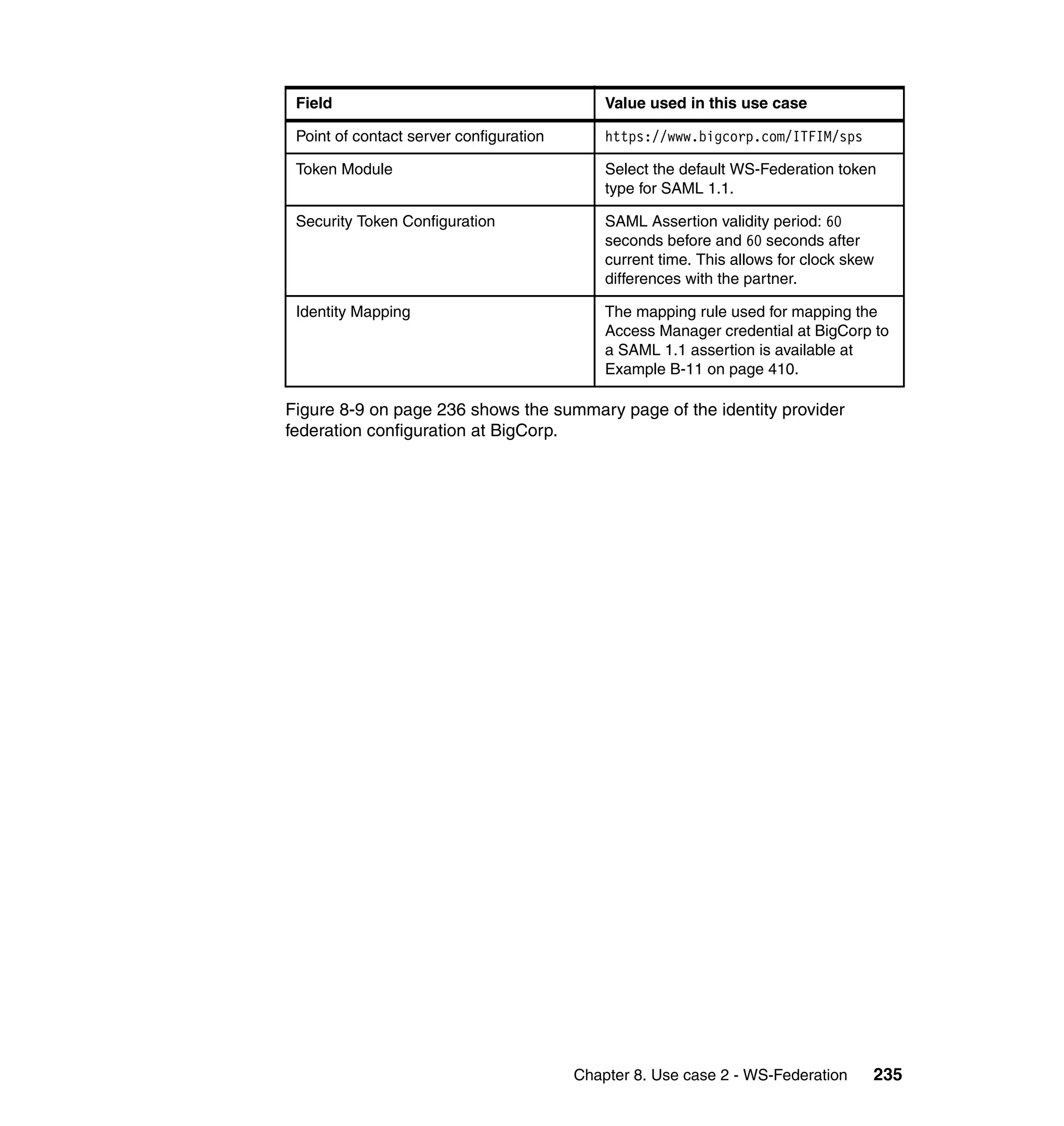 Field                                       Value used in this use case

 Point of contact server configuration       https://www.bigcorp.com/ITFIM/sps

 Token Module                                Select the default WS-Federation token
                                             type for SAML 1.1.

 Security Token Configuration                SAML Assertion validity period: 60
                                             seconds before and 60 seconds after
                                             current time. This allows for clock skew
                                             differences with the partner.

 Identity Mapping                            The mapping rule used for mapping the
                                             Access Manager credential at BigCorp to
                                             a SAML 1.1 assertion is available at
                                             Example B-11 on page 410.

Figure 8-9 on page 236 shows the summary page of the identity provider
federation configuration at BigCorp.




                                         Chapter 8. Use case 2 - WS-Federation      235
 