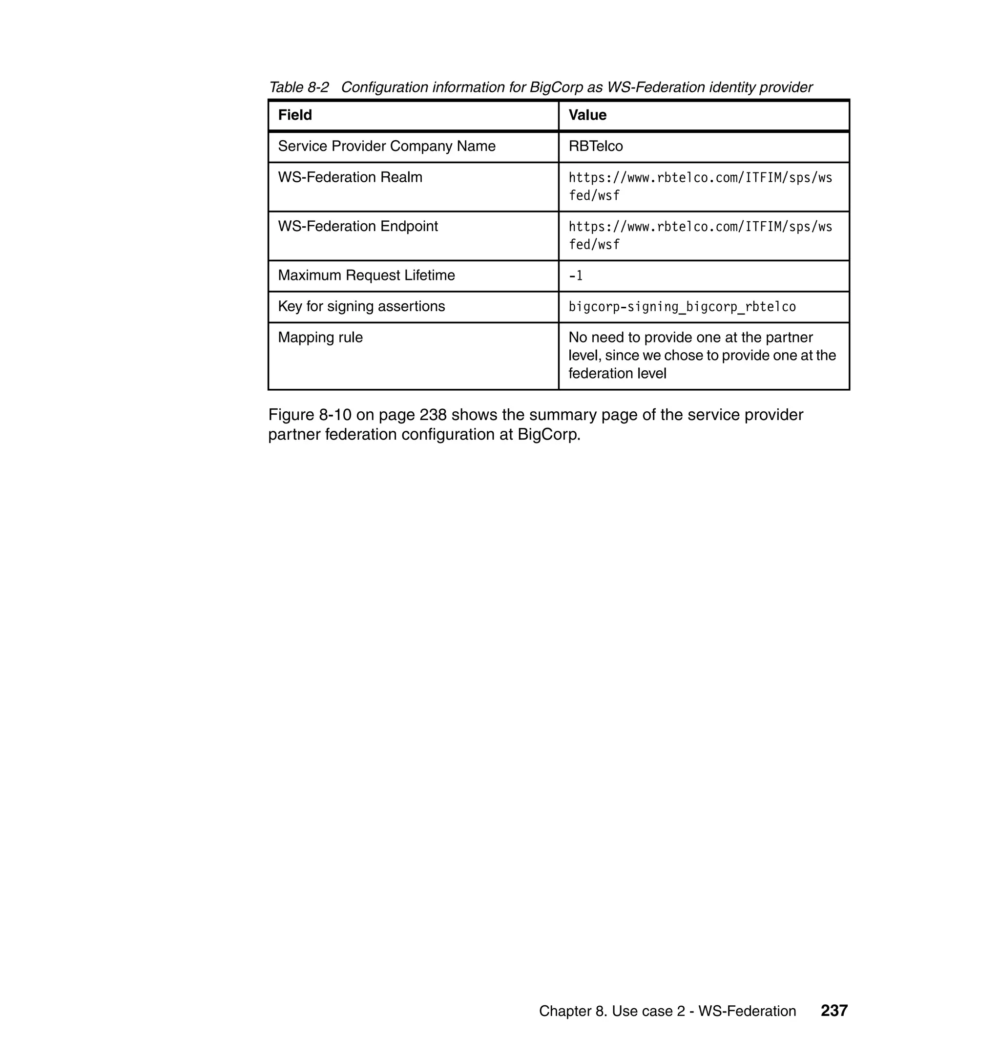 Table 8-2 Configuration information for BigCorp as WS-Federation identity provider
 Field                                       Value

 Service Provider Company Name               RBTelco

 WS-Federation Realm                         https://www.rbtelco.com/ITFIM/sps/ws
                                             fed/wsf

 WS-Federation Endpoint                      https://www.rbtelco.com/ITFIM/sps/ws
                                             fed/wsf

 Maximum Request Lifetime                    -1

 Key for signing assertions                  bigcorp-signing_bigcorp_rbtelco

 Mapping rule                                No need to provide one at the partner
                                             level, since we chose to provide one at the
                                             federation level

Figure 8-10 on page 238 shows the summary page of the service provider
partner federation configuration at BigCorp.




                                        Chapter 8. Use case 2 - WS-Federation        237
 