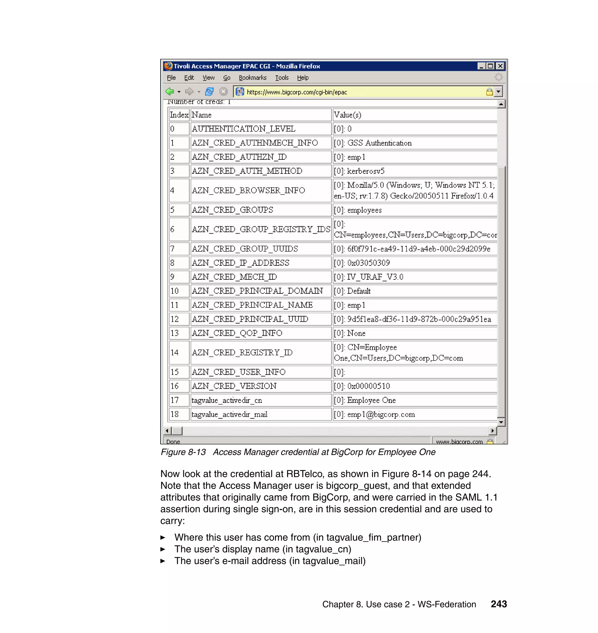 Figure 8-13 Access Manager credential at BigCorp for Employee One

Now look at the credential at RBTelco, as shown in Figure 8-14 on page 244.
Note that the Access Manager user is bigcorp_guest, and that extended
attributes that originally came from BigCorp, and were carried in the SAML 1.1
assertion during single sign-on, are in this session credential and are used to
carry:
   Where this user has come from (in tagvalue_fim_partner)
   The user’s display name (in tagvalue_cn)
   The user’s e-mail address (in tagvalue_mail)



                                      Chapter 8. Use case 2 - WS-Federation   243
 