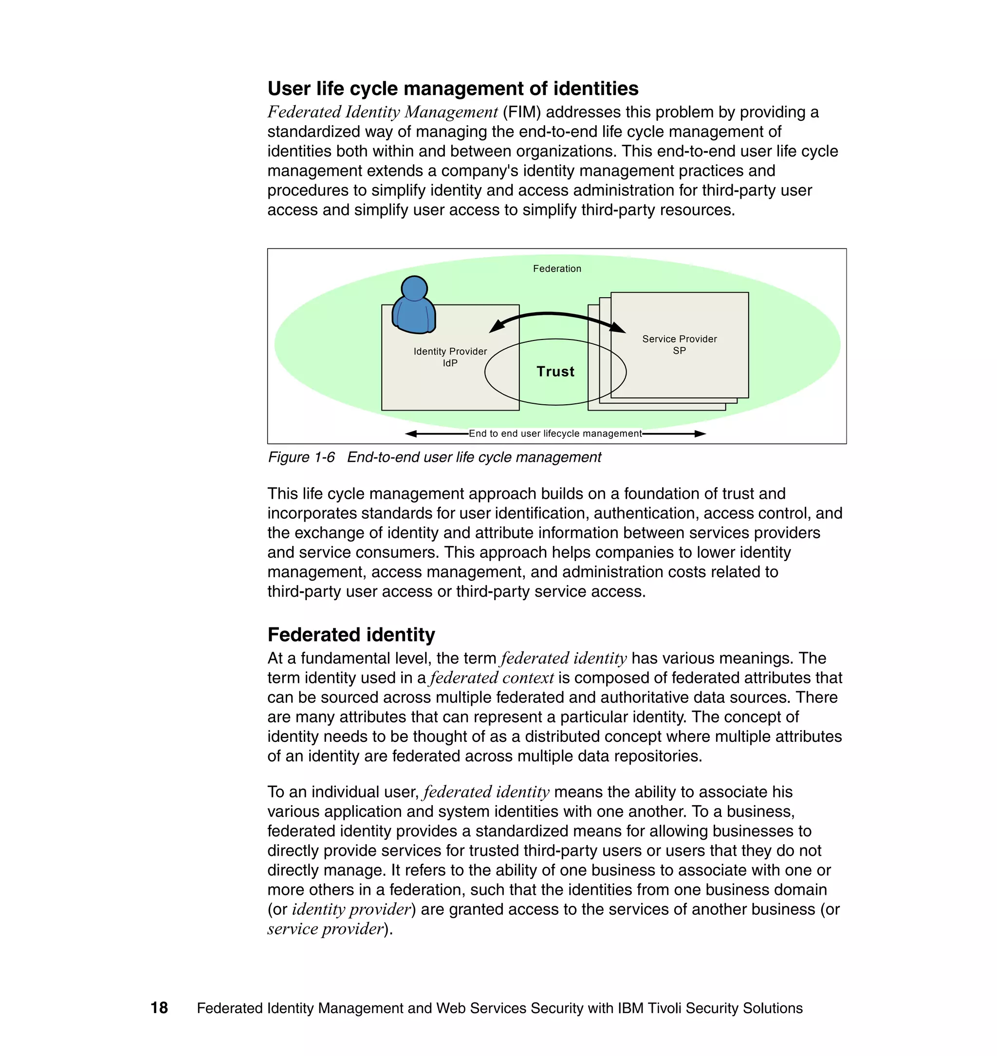 User life cycle management of identities
               Federated Identity Management (FIM) addresses this problem by providing a
               standardized way of managing the end-to-end life cycle management of
               identities both within and between organizations. This end-to-end user life cycle
               management extends a company's identity management practices and
               procedures to simplify identity and access administration for third-party user
               access and simplify user access to simplify third-party resources.


                                                              Federation




                                                                                     Service Provider
                                                                                  Service Provider
                                     Identity Provider                                     SP
                                                                                Service Provider
                                                                                         SP
                                            IdP                                       SP
                                                               Trust



                                                 End to end user lifecycle management

               Figure 1-6 End-to-end user life cycle management

               This life cycle management approach builds on a foundation of trust and
               incorporates standards for user identification, authentication, access control, and
               the exchange of identity and attribute information between services providers
               and service consumers. This approach helps companies to lower identity
               management, access management, and administration costs related to
               third-party user access or third-party service access.

               Federated identity
               At a fundamental level, the term federated identity has various meanings. The
               term identity used in a federated context is composed of federated attributes that
               can be sourced across multiple federated and authoritative data sources. There
               are many attributes that can represent a particular identity. The concept of
               identity needs to be thought of as a distributed concept where multiple attributes
               of an identity are federated across multiple data repositories.

               To an individual user, federated identity means the ability to associate his
               various application and system identities with one another. To a business,
               federated identity provides a standardized means for allowing businesses to
               directly provide services for trusted third-party users or users that they do not
               directly manage. It refers to the ability of one business to associate with one or
               more others in a federation, such that the identities from one business domain
               (or identity provider) are granted access to the services of another business (or
               service provider).



18   Federated Identity Management and Web Services Security with IBM Tivoli Security Solutions
 
