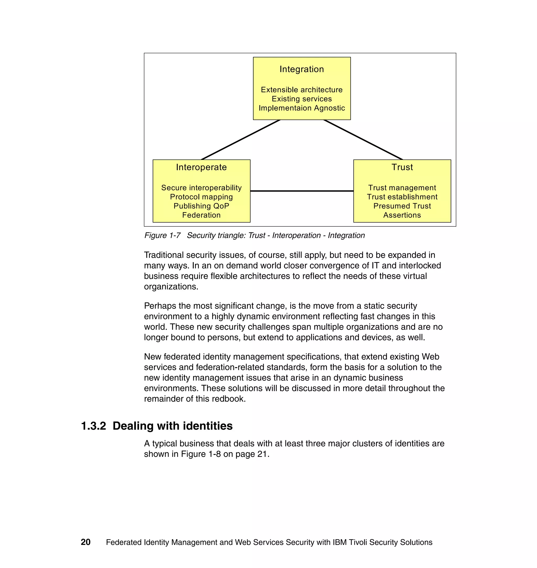 Integration

                                                  Extensible architecture
                                                     Existing services
                                                 Implementaion Agnostic




                        Interoperate                                                      Trust

                    Secure interoperability                                         Trust management
                      Protocol mapping                                              Trust establishment
                       Publishing QoP                                                 Presumed Trust
                         Federation                                                     Assertions

               Figure 1-7 Security triangle: Trust - Interoperation - Integration

               Traditional security issues, of course, still apply, but need to be expanded in
               many ways. In an on demand world closer convergence of IT and interlocked
               business require flexible architectures to reflect the needs of these virtual
               organizations.

               Perhaps the most significant change, is the move from a static security
               environment to a highly dynamic environment reflecting fast changes in this
               world. These new security challenges span multiple organizations and are no
               longer bound to persons, but extend to applications and devices, as well.

               New federated identity management specifications, that extend existing Web
               services and federation-related standards, form the basis for a solution to the
               new identity management issues that arise in an dynamic business
               environments. These solutions will be discussed in more detail throughout the
               remainder of this redbook.


1.3.2 Dealing with identities
               A typical business that deals with at least three major clusters of identities are
               shown in Figure 1-8 on page 21.




20   Federated Identity Management and Web Services Security with IBM Tivoli Security Solutions
 