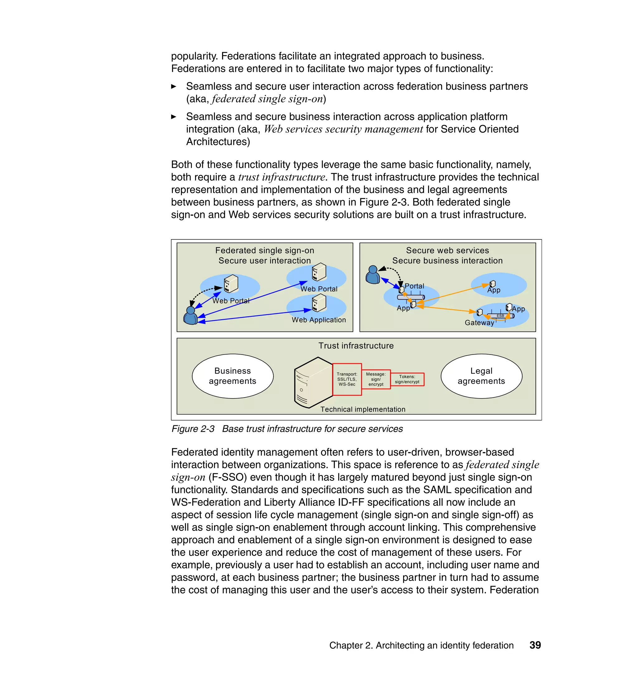 popularity. Federations facilitate an integrated approach to business.
Federations are entered in to facilitate two major types of functionality:
   Seamless and secure user interaction across federation business partners
   (aka, federated single sign-on)
   Seamless and secure business interaction across application platform
   integration (aka, Web services security management for Service Oriented
   Architectures)

Both of these functionality types leverage the same basic functionality, namely,
both require a trust infrastructure. The trust infrastructure provides the technical
representation and implementation of the business and legal agreements
between business partners, as shown in Figure 2-3. Both federated single
sign-on and Web services security solutions are built on a trust infrastructure.


          Federated single sign-on                                  Secure web services
           Secure user interaction                               Secure business interaction


                               Web Portal                            Portal
                                                                                        App
          Web Portal
                                                                  App                             App
                                                                                            ESB
                             Web Application                                      Gateway


                                     Trust infrastructure

          Business                       Transport:   Message:                     Legal
                                                                   Tokens:
         agreements                      SSL/TLS,
                                          WS-Sec
                                                        sign/
                                                       encrypt
                                                                 sign/encrypt   agreements


                                     Technical implementation

Figure 2-3 Base trust infrastructure for secure services

Federated identity management often refers to user-driven, browser-based
interaction between organizations. This space is reference to as federated single
sign-on (F-SSO) even though it has largely matured beyond just single sign-on
functionality. Standards and specifications such as the SAML specification and
WS-Federation and Liberty Alliance ID-FF specifications all now include an
aspect of session life cycle management (single sign-on and single sign-off) as
well as single sign-on enablement through account linking. This comprehensive
approach and enablement of a single sign-on environment is designed to ease
the user experience and reduce the cost of management of these users. For
example, previously a user had to establish an account, including user name and
password, at each business partner; the business partner in turn had to assume
the cost of managing this user and the user’s access to their system. Federation




                                       Chapter 2. Architecting an identity federation                   39
 