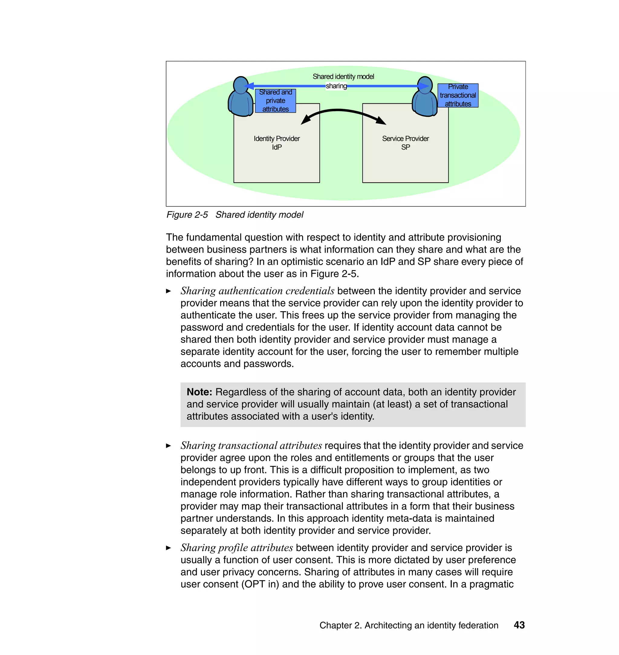 Shared identity model
                                            sharing                                   Private
                     Shared and                                                    transactional
                       private                                                       attributes
                      attributes



                    Identity Provider                           Service Provider
                           IdP                                        SP




Figure 2-5 Shared identity model

The fundamental question with respect to identity and attribute provisioning
between business partners is what information can they share and what are the
benefits of sharing? In an optimistic scenario an IdP and SP share every piece of
information about the user as in Figure 2-5.
   Sharing authentication credentials between the identity provider and service
   provider means that the service provider can rely upon the identity provider to
   authenticate the user. This frees up the service provider from managing the
   password and credentials for the user. If identity account data cannot be
   shared then both identity provider and service provider must manage a
   separate identity account for the user, forcing the user to remember multiple
   accounts and passwords.

    Note: Regardless of the sharing of account data, both an identity provider
    and service provider will usually maintain (at least) a set of transactional
    attributes associated with a user's identity.

   Sharing transactional attributes requires that the identity provider and service
   provider agree upon the roles and entitlements or groups that the user
   belongs to up front. This is a difficult proposition to implement, as two
   independent providers typically have different ways to group identities or
   manage role information. Rather than sharing transactional attributes, a
   provider may map their transactional attributes in a form that their business
   partner understands. In this approach identity meta-data is maintained
   separately at both identity provider and service provider.
   Sharing profile attributes between identity provider and service provider is
   usually a function of user consent. This is more dictated by user preference
   and user privacy concerns. Sharing of attributes in many cases will require
   user consent (OPT in) and the ability to prove user consent. In a pragmatic



                                          Chapter 2. Architecting an identity federation           43
 