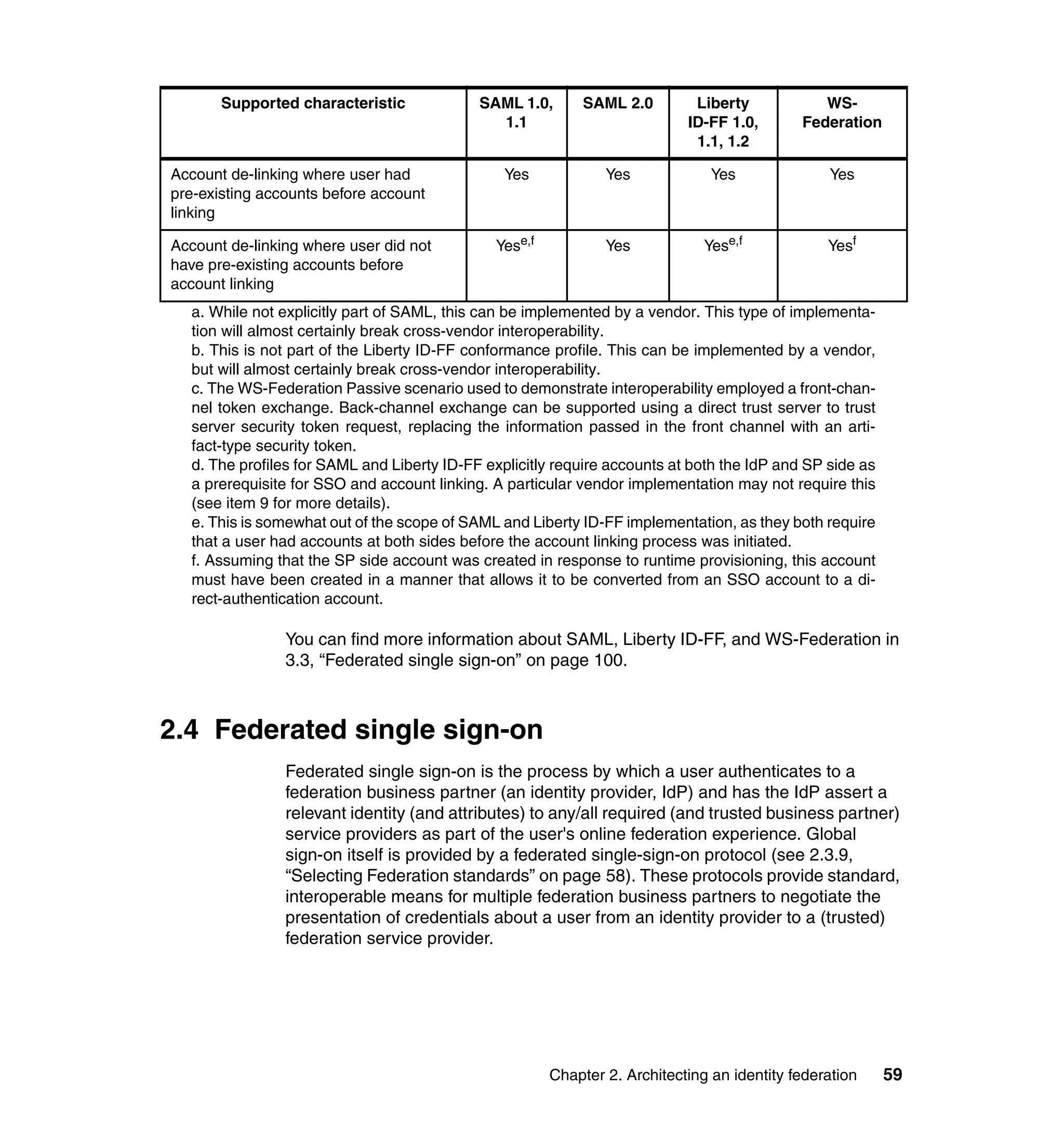 Supported characteristic             SAML 1.0,       SAML 2.0        Liberty            WS-
                                              1.1                          ID-FF 1.0,       Federation
                                                                            1.1, 1.2

Account de-linking where user had               Yes            Yes             Yes              Yes
pre-existing accounts before account
linking

Account de-linking where user did not         Yese,f           Yes            Yese,f            Yesf
have pre-existing accounts before
account linking
  a. While not explicitly part of SAML, this can be implemented by a vendor. This type of implementa-
  tion will almost certainly break cross-vendor interoperability.
  b. This is not part of the Liberty ID-FF conformance profile. This can be implemented by a vendor,
  but will almost certainly break cross-vendor interoperability.
  c. The WS-Federation Passive scenario used to demonstrate interoperability employed a front-chan-
  nel token exchange. Back-channel exchange can be supported using a direct trust server to trust
  server security token request, replacing the information passed in the front channel with an arti-
  fact-type security token.
  d. The profiles for SAML and Liberty ID-FF explicitly require accounts at both the IdP and SP side as
  a prerequisite for SSO and account linking. A particular vendor implementation may not require this
  (see item 9 for more details).
  e. This is somewhat out of the scope of SAML and Liberty ID-FF implementation, as they both require
  that a user had accounts at both sides before the account linking process was initiated.
  f. Assuming that the SP side account was created in response to runtime provisioning, this account
  must have been created in a manner that allows it to be converted from an SSO account to a di-
  rect-authentication account.

                You can find more information about SAML, Liberty ID-FF, and WS-Federation in
                3.3, “Federated single sign-on” on page 100.



2.4 Federated single sign-on
                Federated single sign-on is the process by which a user authenticates to a
                federation business partner (an identity provider, IdP) and has the IdP assert a
                relevant identity (and attributes) to any/all required (and trusted business partner)
                service providers as part of the user's online federation experience. Global
                sign-on itself is provided by a federated single-sign-on protocol (see 2.3.9,
                “Selecting Federation standards” on page 58). These protocols provide standard,
                interoperable means for multiple federation business partners to negotiate the
                presentation of credentials about a user from an identity provider to a (trusted)
                federation service provider.




                                                       Chapter 2. Architecting an identity federation     59
 