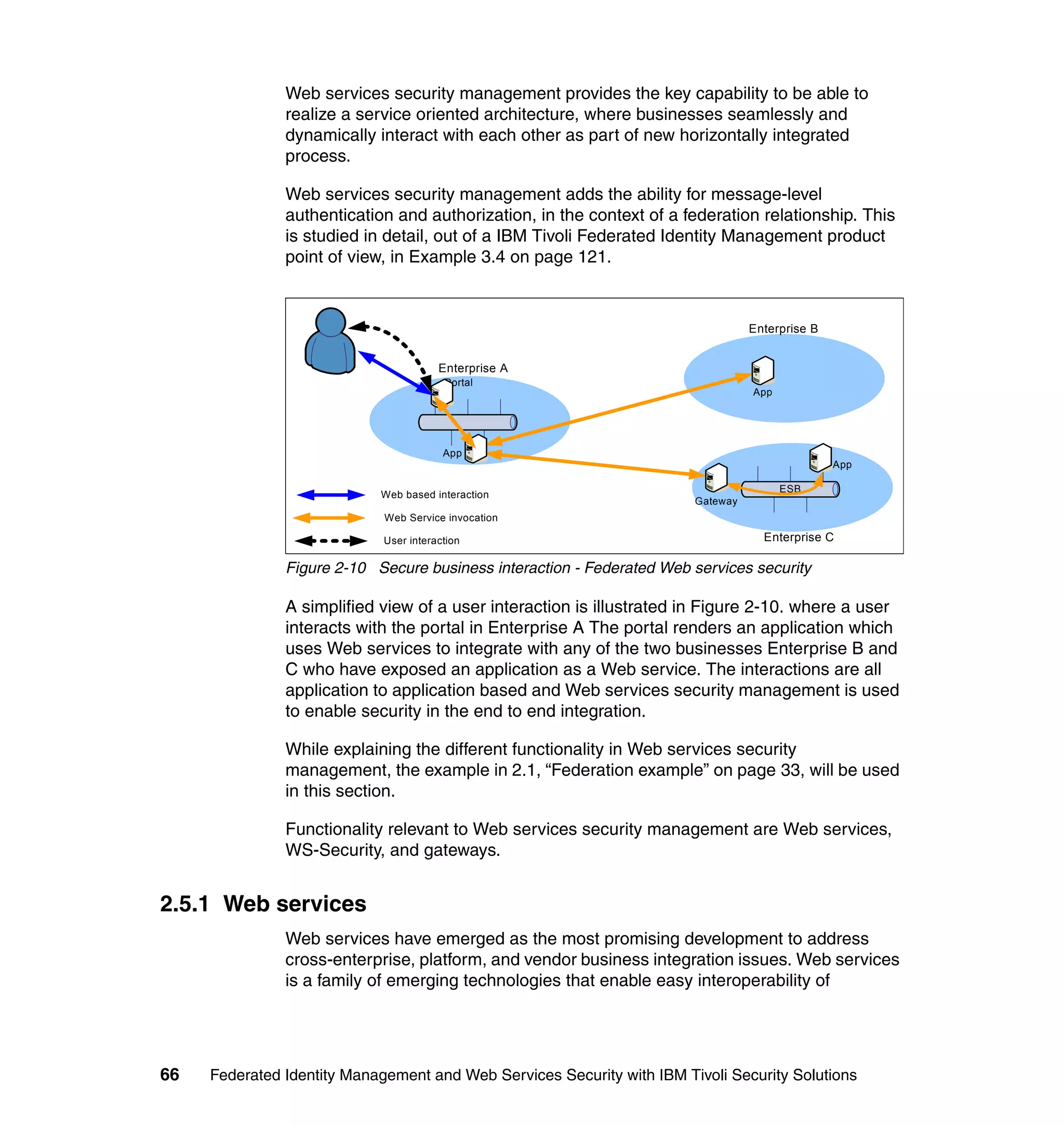 Web services security management provides the key capability to be able to
               realize a service oriented architecture, where businesses seamlessly and
               dynamically interact with each other as part of new horizontally integrated
               process.

               Web services security management adds the ability for message-level
               authentication and authorization, in the context of a federation relationship. This
               is studied in detail, out of a IBM Tivoli Federated Identity Management product
               point of view, in Example 3.4 on page 121.



                                                                                  Enterprise B


                                        Enterprise A
                                         Portal
                                                                                  App




                                         App
                                                                                                 App

                                                                                        ESB
                            Web based interaction
                                                                        Gateway
                             Web Service invocation

                             User interaction                                       Enterprise C

               Figure 2-10 Secure business interaction - Federated Web services security

               A simplified view of a user interaction is illustrated in Figure 2-10. where a user
               interacts with the portal in Enterprise A The portal renders an application which
               uses Web services to integrate with any of the two businesses Enterprise B and
               C who have exposed an application as a Web service. The interactions are all
               application to application based and Web services security management is used
               to enable security in the end to end integration.

               While explaining the different functionality in Web services security
               management, the example in 2.1, “Federation example” on page 33, will be used
               in this section.

               Functionality relevant to Web services security management are Web services,
               WS-Security, and gateways.


2.5.1 Web services
               Web services have emerged as the most promising development to address
               cross-enterprise, platform, and vendor business integration issues. Web services
               is a family of emerging technologies that enable easy interoperability of




66   Federated Identity Management and Web Services Security with IBM Tivoli Security Solutions
 