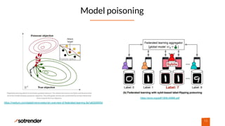 Model poisoning
13
https://medium.com/datadriveninvestor/an-overview-of-federated-learning-8a1a62b0600d
https://arxiv.org/pdf/1808.04866.pdf
 