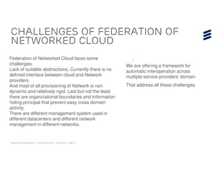 Challenges of Federation of
networked cloud
Federation of Networked Cloud faces some                                    .
challenges.                                                              We are offering a framework for
Lack of suitable abstractions, Currently there is no                     automatic interoperation across
defined interface between cloud and Network                              multiple service providers’ domain
providers.
And most of all provisioning of Network is non                           That address all these challenges.
dynamic and relatively rigid. Last but not the least
there are organizational boundaries and information
hiding principal that prevent easy cross domain
activity.
There are different management system used in
different datacenters and different network
management in different networks.


Mobile World Congress 2013 | © Ericsson AB 2013 | 2013-02-25 | Page 10
 
