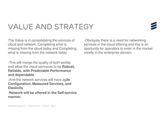 Value and strategy
The Value is in consolidating the services of                            ›Obvioysly there is a need for networking
cloud and network, Completing what is                                    services in the cloud offering and this is an
missing from the cloud today and Completing                              oportunity for operators to enter in the market
what is missing from the network today                                   mostly in the enterprise domain.

›This will merge the quality of both worlds
and allow the cloud seriveces to be Robust,
Reliable, with Predictable Performance
and dependable
›And the network services will have agile
Configuration, Measured Services, and
Elasticity
›Network will be offered in the Self-service
manner.

Mobile World Congress 2013 | © Ericsson AB 2013 | 2013-02-25 | Page 14
 