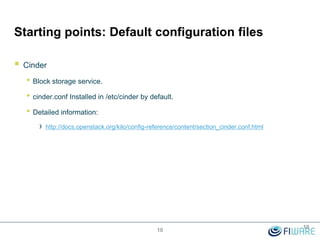 Starting points: Default configuration files
 Cinder
• Block storage service.
• cinder.conf Installed in /etc/cinder by default.
• Detailed information:
› http://docs.openstack.org/kilo/config-reference/content/section_cinder.conf.html
10
10
 