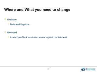 Where and What you need to change
 We have
• Federated Keystone
 We need
• A new OpenStack installation: A new region to be federated.
21
 