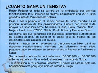 ¿CUANTO GANA UN TENISTA? Pese a ser superado en el primer puesto del tenis mundial es el principal atractivo de los patrocinadores. Cuenta con multitud de apoyos vía sponsors como Nationale Suisse, Rolex, Wilson, Nike,  Netjets, Lindt, Jura, SWISS, Gillete, Credit Suisse y Mercedes Benz.  Se estima que sus ganancias por publicidad ascienden a 35 millones de dólares al año. Es sexto en la última lista de Forbes de los deportistas mejor pagados del mundo. Federer y Nadal tienen acuerdos de patrocinio con Nike. La firma deportiva estadounidense mantiene una diferencia entre ellos, pagando unos 10 millones de dólares al año a Federer y 7 millones a Nadal. Su patrimonio neto se ha estimado ente 100.000.000 y 160.000.000 millones de dólares. Es uno de los hombres más ricos de Suiza. ¿Qué significa la riqueza para Federer? "El dinero es para mí sólo una bonificación extra porque yo amo de verdad el juego”.  Roger Federer en toda su carrera se ha embolsado por premios tenísticos más de 63 millones de dólares. Solo en esta año, 2011, lleva ganados más de 2 millones de dólares.  