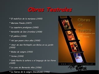 Obras Teatrales
* El maleficio de la mariposa (1920)

* Mariana Pineda (1927)

* La zapatera prodigiosa (1930)

* Retablillo de Don Cristóbal (1928)

* El público (1930)

* Así que pasen cinco años (1930)

* Amor de don Perlimplín con Belisa en su jardín
(1933)

* Bodas de sangre (1933)

* Yerma (1934)

* Doña Rosita la soltera o el lenguaje de las flores
(1935)

* La casa de Bernarda Alba (1936)

* La fuerza de la sangre (inacabada) (1936)
                                   
 