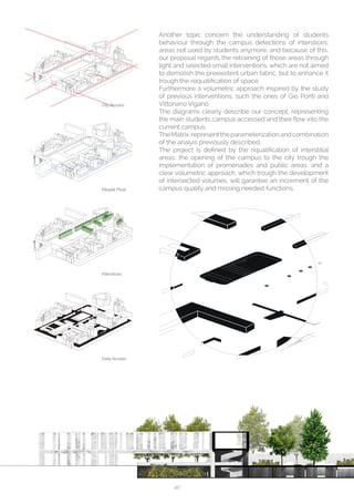 40
GSPublisherEngine 0.0.100.100
City Accesses
GSPublisherEngine 0.0.100.100
Flows
GSPublisherEngine 0.0.100.100
Interstices
GSPublisherEngine 0.0.100.100
Day Accesses
Another topic concern the understanding of students
behaviour through the campus detections of interstices;
areas not used by students anymore, and because of this,
our proposal regards the retraining of those areas through
light and selected small interventions, which are not aimed
to demolish the preexistent urban fabric, but to enhance it
trough the requalification of space.
Furthermore a volumetric approach inspired by the study
of previous interventions, such the ones of Gio Ponti and
Vittoriano Viganò.
The diagrams clearly describe our concept, representing
the main students campus accessed and their flow into the
current campus.
TheMatrix,representtheparameterizationandcombination
of the analyis previously described.
The project is defined by the riqualification of interstitial
areas, the opening of the campus to the city trough the
implementation of promenades and public areas, and a
clear volumetric approach, which trough the development
of intersected volumes, will garantee an increment of the
campus quality and missing needed functions.
City Access
People Flow
Interstices
Daily Access
 