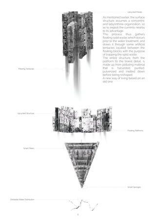 6
Upcycled Panels
Floating Platforms
Smart Sponges
Drinkable Water Distribution
Smart Filters
Upcycled Structure
Filtering Tentacles
As mentioned earlier, the surface
structure assumes a concentric
and labyrinthine organization, so
as to exploit the currents nearby
to its advantage.
This process thus gathers
floating solid waste, which occurs
prior to the water treatment, and
draws it through some artificial
tentacles located between the
floating blocks with the purpose
of trapping the solid waste.
The entire structure, from the
platform to the tiniest detail, is
made up from polluting material
that is harvested, purified,
pulverized and melted down
before being reshaped.
A new way of living based on an
old one.
 