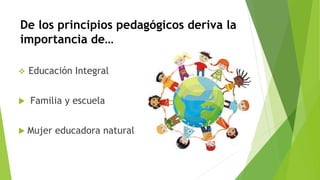 De los principios pedagógicos deriva la
importancia de…
 Educación Integral
 Familia y escuela
 Mujer educadora natural
 