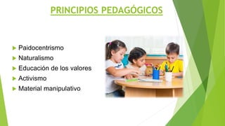 PRINCIPIOS PEDAGÓGICOS
 Paidocentrismo
 Naturalismo
 Educación de los valores
 Activismo
 Material manipulativo
 