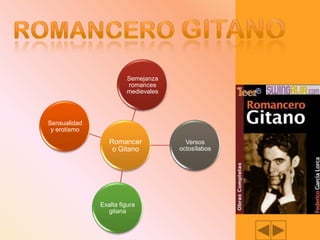 Semejanza
romances
medievales
Sensualidad
y erotismo
Romancer Versos
o Gitano octosílabos
Exalta figura
gitana