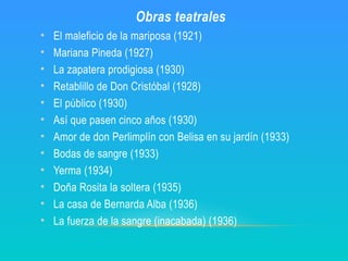 Obras teatrales
• El maleficio de la mariposa (1921)
• Mariana Pineda (1927)
• La zapatera prodigiosa (1930)
• Retablillo de Don Cristóbal (1928)
• El público (1930)
• Así que pasen cinco años (1930)
• Amor de don Perlimplín con Belisa en su jardín (1933)
• Bodas de sangre (1933)
• Yerma (1934)
• Doña Rosita la soltera (1935)
• La casa de Bernarda Alba (1936)
• La fuerza de la sangre (inacabada) (1936)
 