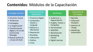 Estrategia General
• Situación Actual
• Tendencias
• Estrategias
• La Organización
• Transformación
Digital y El rol del
Community
Manager
• Buenas prácticas
y Casos de éxito
Comunicación &
Reputación
• Presencia Digital
• Contenidos:
Diseño y
Lenguaje
• Métricas y
Monitoreo
• Reputación
• Branding
• Influencers
• Política
• Crisis
Marketing
• Audiencias y
Segmentación
• Insights, Pautas y
Campañas
• Herramientas
• SEM/SEO
• Monetización
• Marketing
Funnel
• Digital Journey
Innovación &
Tecnología
• Big Data
• Advanced
Analytics
• Internet of
Things
• Marketing
Automation
Contenidos: Módulos de la Capacitación
 