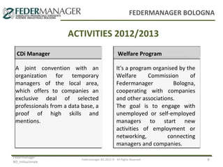 FEDERMANAGER BOLOGNA

ACTIVITIES 2012/2013
CDi Manager

Welfare Program

A joint convention with an
organization for temporary
managers of the local area,
which offers to companies an
exclusive deal of selected
professionals from a data base, a
proof of high skills and
mentions.

It's a program organised by the
Welfare
Commission
of
Federmanager
Bologna,
cooperating with companies
and other associations.
The goal is to engage with
unemployed or self-employed
managers to start new
activities of employment or
networking,
connecting
managers and companies.

Federmanager
BO_Istituzionale

Federmanager BO 2012 © - All Rights Reserved

8

 