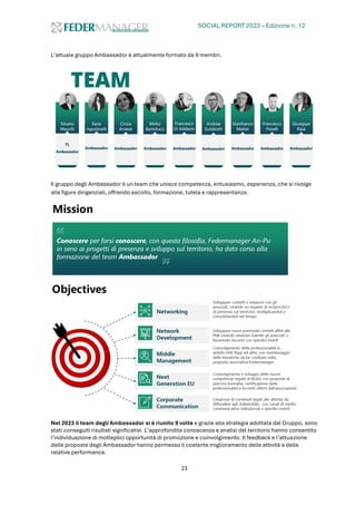 SOCIAL REPORT 2023 – Edizione n. 12
23
L’attuale gruppo Ambassador è attualmente formato da 9 membri.
Il gruppo degli Ambassador è un team che unisce competenza, entusiasmo, esperienza, che si rivolge
alle figure dirigenziali, offrendo ascolto, formazione, tutela e rappresentanza.
Nel 2023 il team degli Ambassador si è riunito 9 volte e grazie alla strategia adottata dal Gruppo, sono
stati conseguiti risultati significativi. L’approfondita conoscenza e analisi del territorio hanno consentito
l’individuazione di molteplici opportunità di promozione e coinvolgimento. Il feedback e l’attuazione
delle proposte degli Ambassador hanno permesso il costante miglioramento delle attività e delle
relative performance.
 