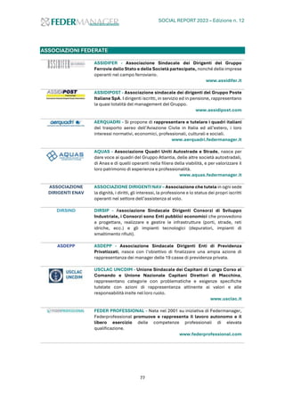 SOCIAL REPORT 2023 – Edizione n. 12
77
ASSOCIAZIONI FEDERATE
ASSIDIFER - Associazione Sindacale dei Dirigenti del Gruppo
Ferrovie dello Stato e delle Società partecipate, nonché delle imprese
operanti nel campo ferroviario.
www.assidifer.it
ASSIDIPOST - Associazione sindacale dei dirigenti del Gruppo Poste
Italiane SpA. I dirigenti iscritti, in servizio ed in pensione, rappresentano
la quasi totalità del management del Gruppo.
www.assidipost.com
AERQUADRI - Si propone di rappresentare e tutelare i quadri italiani
del trasporto aereo dell’Aviazione Civile in Italia ed all’estero, i loro
interessi normativi, economici, professionali, culturali e sociali.
www.aerquadri.federmanager.it
AQUAS - Associazione Quadri Uniti Autostrade e Strade, nasce per
dare voce ai quadri del Gruppo Atlantia, delle altre società autostradali,
di Anas e di quelli operanti nella filiera della viabilità, e per valorizzare il
loro patrimonio di esperienza e professionalità.
www.aquas.federmanager.it
ASSOCIAZIONE
DIRIGENTI ENAV
ASSOCIAZIONE DIRIGENTI NAV – Associazione che tutela in ogni sede
la dignità, i diritti, gli interessi, la professione e lo status dei propri iscritti
operanti nel settore dell’assistenza al volo.
DIRSIND DIRSIP - Associazione Sindacale Dirigenti Consorzi di Sviluppo
Industriale, i Consorzi sono Enti pubblici economici che provvedono
a progettare, realizzare e gestire le infrastrutture (porti, strade, reti
idriche, ecc.) e gli impianti tecnologici (depuratori, impianti di
smaltimento rifiuti).
ASDEPP ASDEPP - Associazione Sindacale Dirigenti Enti di Previdenza
Privatizzati, nasce con l’obiettivo di finalizzare una ampia azione di
rappresentanza dei manager delle 19 casse di previdenza privata.
USCLAC UNCDIM - Unione Sindacale dei Capitani di Lungo Corso al
Comando e Unione Nazionale Capitani Direttori di Macchina,
rappresentano categorie con problematiche e esigenze specifiche
tutelate con azioni di rappresentanza attinente ai valori e alle
responsabilità insite nel loro ruolo.
www.usclac.it
FEDER PROFESSIONAL - Nata nel 2001 su iniziativa di Federmanager,
Federprofessional promuove e rappresenta il lavoro autonomo e il
libero esercizio delle competenze professionali di elevata
qualificazione.
www.federprofessional.com
 