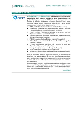 SOCIAL REPORT 2023 – Edizione n. 12
78
ASSOCIAZIONI FEDERATE
CIDA Manager e Alte Professionalità– Confederazione sindacale che
rappresenta circa 140mila dirigenti e alte professionalità, sia
pubblici che privati. Associa 10 Federazioni, che rappresentano i
dirigenti di industria, commercio, pubblica amministrazione, sanità
pubblica, banca d’Italia, agricoltura, assicurazioni, terzo settore,
ricercatori universitari e autori radio-televisivi:
• CIMO-ASMD (Coordinamento Italiano dei Medici Ospedalieri).
• Federazione 3° Settore CIDA (Federazione dei Dirigenti e delle Alte
Professionalità degli Enti e delle Istituzioni non profit).
• FEDERMANAGER (Federazione Nazionale dei Dirigenti e delle Alte
Professionalità delle Aziende Industriali).
• FeNDA (Federazione Nazionale Dirigenti e delle Alte Professionalità
dell’Agricoltura e dell’Ambiente).
• FIDIA (Federazione Italiana Dirigenti Imprese Assicuratrici).
• FNSA (Federazione Nazionale Sindacato Autori Cinematografici,
Televisivi e Teatrali).
• FP-CIDA (Federazione Nazionale dei Dirigenti e delle Alte
Professionalità della Funzione Pubblica).
• Manageritalia (Federazione dei Manager del Terziario).
• SAUR (Sindacato Autonomo Università e Ricerca).
• Sindirettivo (Sindacato del Personale Direttivo della Banca d’Italia).
CIDA si propone di innovare la politica sindacale, il rapporto con le
Istituzioni, con la Politica e con le altre Parti Sociali senza dimenticare
però tutti quei nuovi soggetti che, seppur non formalmente riconosciuti
a livello istituzionale, influenzano con le loro azioni la vita politica e
sociale italiana.
CIDA si impegna affinché il ruolo della dirigenza venga valorizzato al di là
dei prerequisiti di professionalità e competenza: responsabilità sociale,
senso etico, trasparenza, generosità sono i valori che costituiscono i
tratti distintivi della Confederazione.
www.cida.it
 