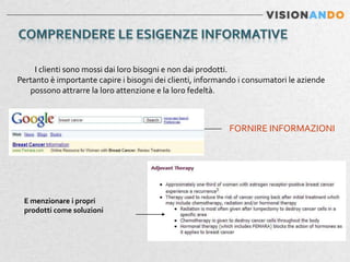 I clienti sono mossi dai loro bisogni e non dai prodotti.
Pertanto è importante capire i bisogni dei clienti, informando i consumatori le aziende
   possono attrarre la loro attenzione e la loro fedeltà.



                                                           FORNIRE INFORMAZIONI




 E menzionare i propri
 prodotti come soluzioni
 