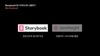Storybook으로 디자이너와 소통하기
Why Storybook?
컴포넌트와 동시에 작성 만들어진 스토리북을 활용
 