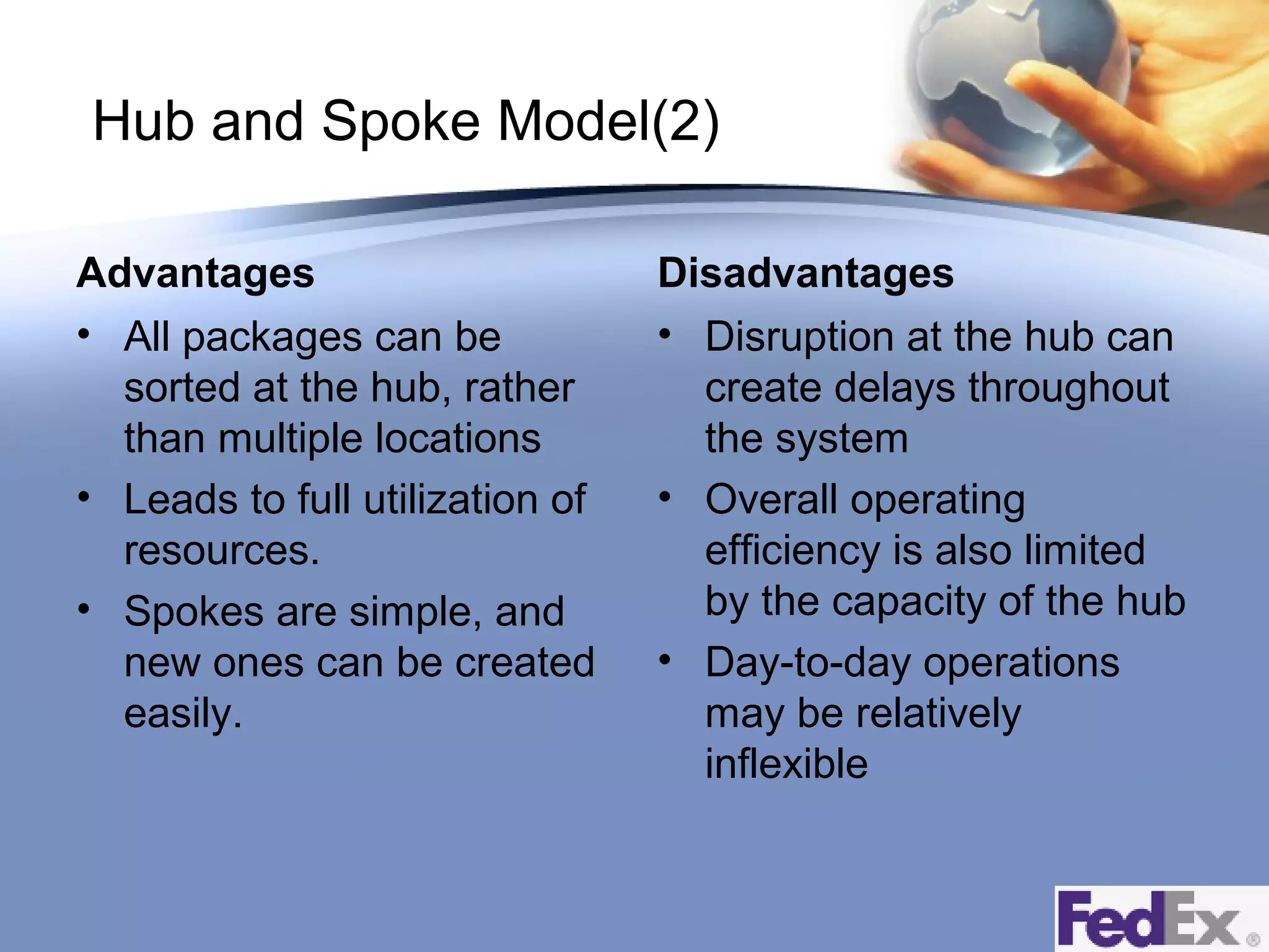 Hub and Spoke Model(2)
Advantages
• All packages can be
sorted at the hub, rather
than multiple locations
• Leads to full utilization of
resources.
• Spokes are simple, and
new ones can be created
easily.

Disadvantages
• Disruption at the hub can
create delays throughout
the system
• Overall operating
efficiency is also limited
by the capacity of the hub
• Day-to-day operations
may be relatively
inflexible

 