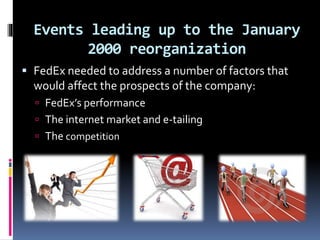 Events leading up to the January 
2000 reorganization 
 FedEx needed to address a number of factors that 
would affect the prospects of the company: 
 FedEx’s performance 
 The internet market and e-tailing 
 The competition 
 