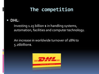 The competition 
 DHL: 
Investing 1.25 billion $ in handling systems, 
automation, facilities and computer technology. 
An increase in worldwide turnover of 18% to 
5.26billion$. 
 