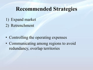 Recommended Strategies
1) Expand market
2) Retrenchment
• Controlling the operating expenses
• Communicating among regions to avoid
redundancy, overlap territories
 