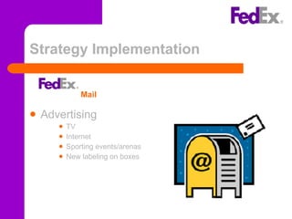 Strategy Implementation Advertising TV Internet Sporting events/arenas New labeling on boxes Mail 